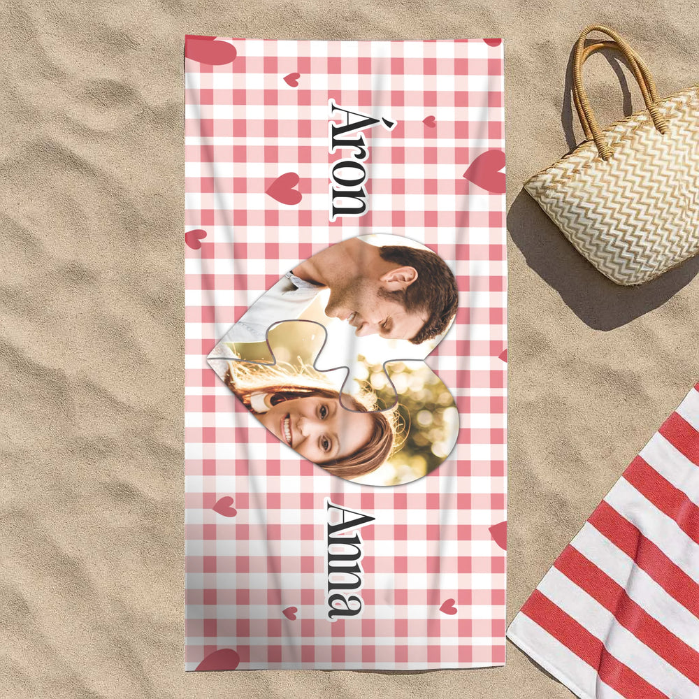 Puzzle szív - strandtörölköző saját fotóval és névvel