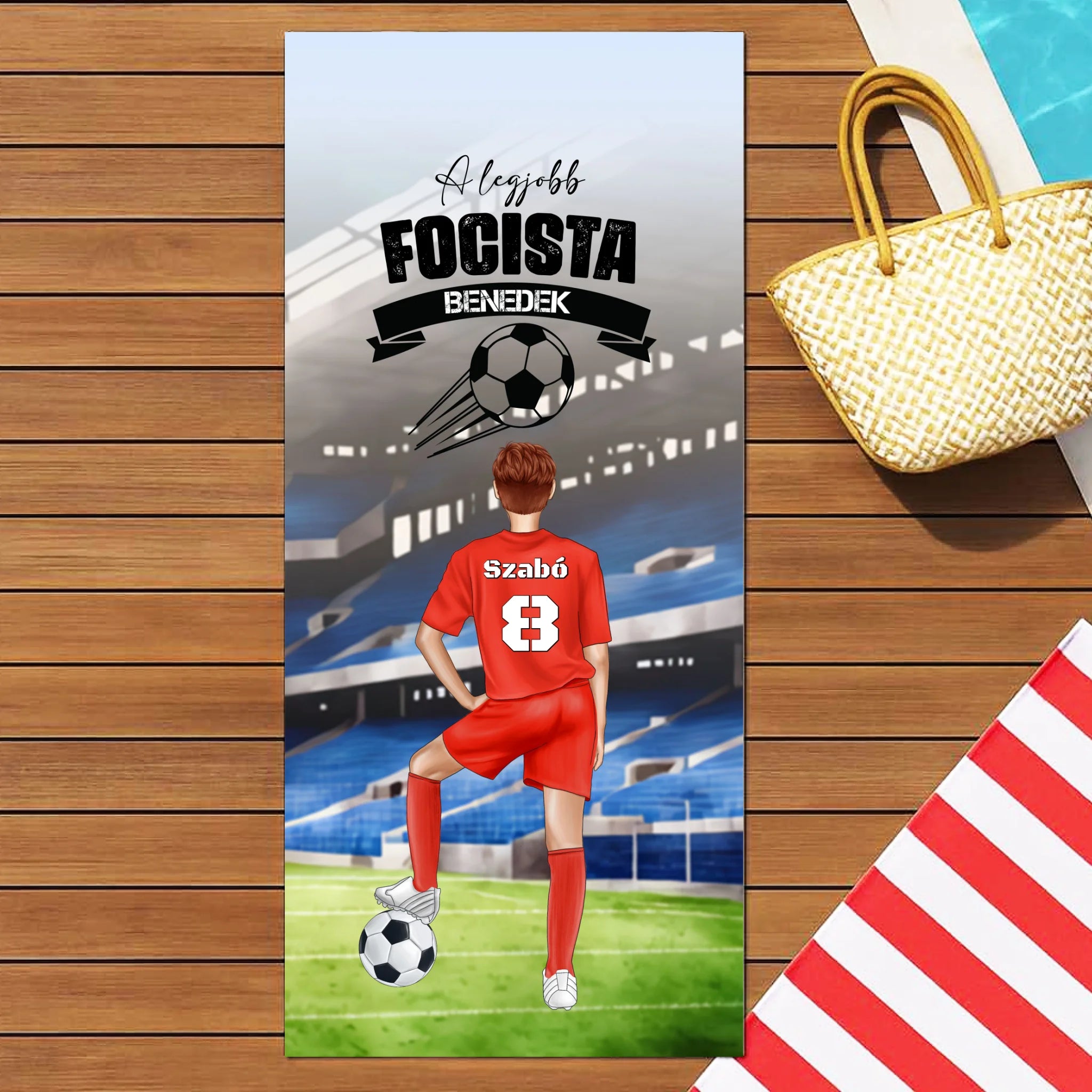 Szerkeszthető karakteres egyedi törölköző fiú focistáknak