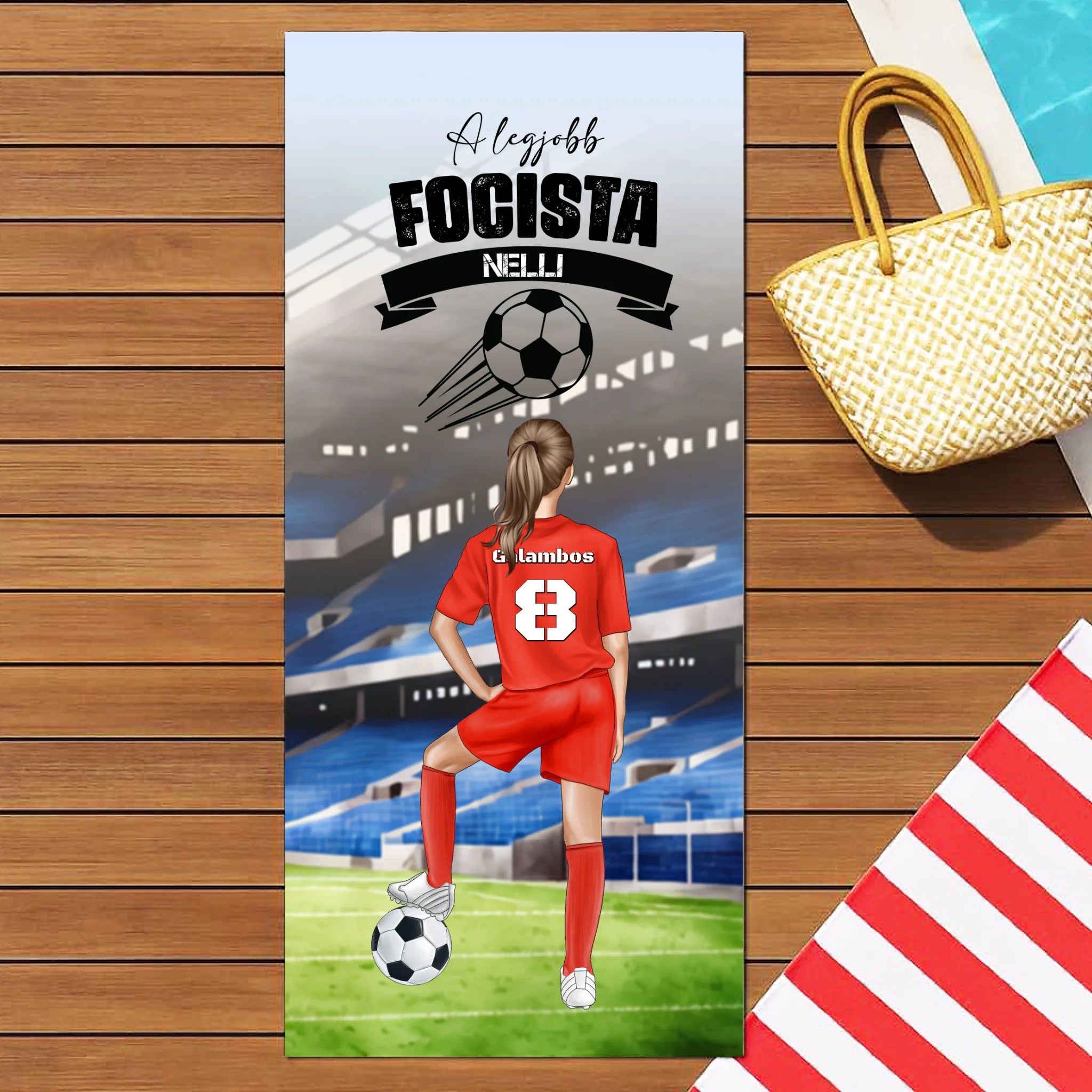 Szerkeszthető karakteres egyedi törölköző lány focistáknak