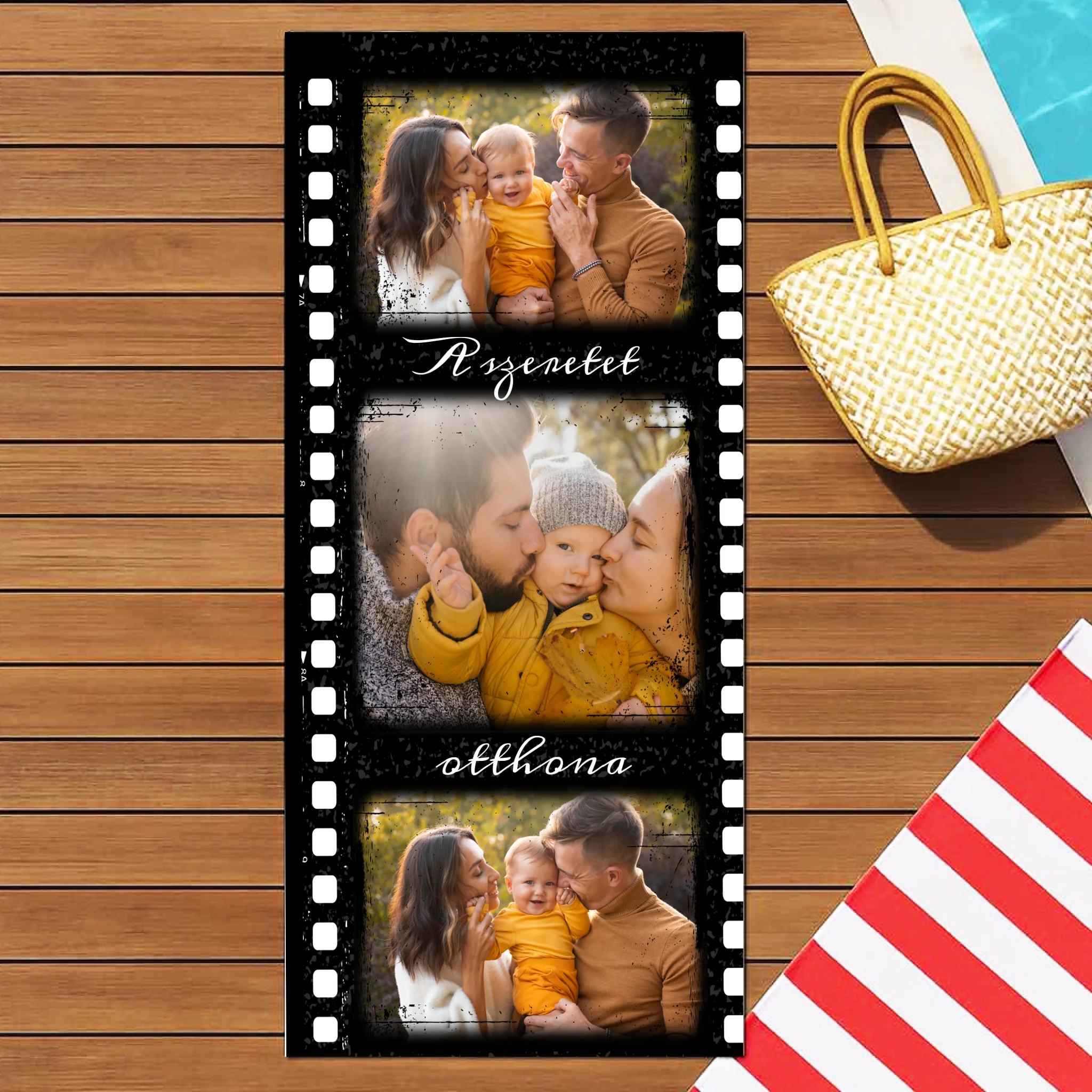 Egyedi 3 képes strandtörölköző szerkeszthető felirattal