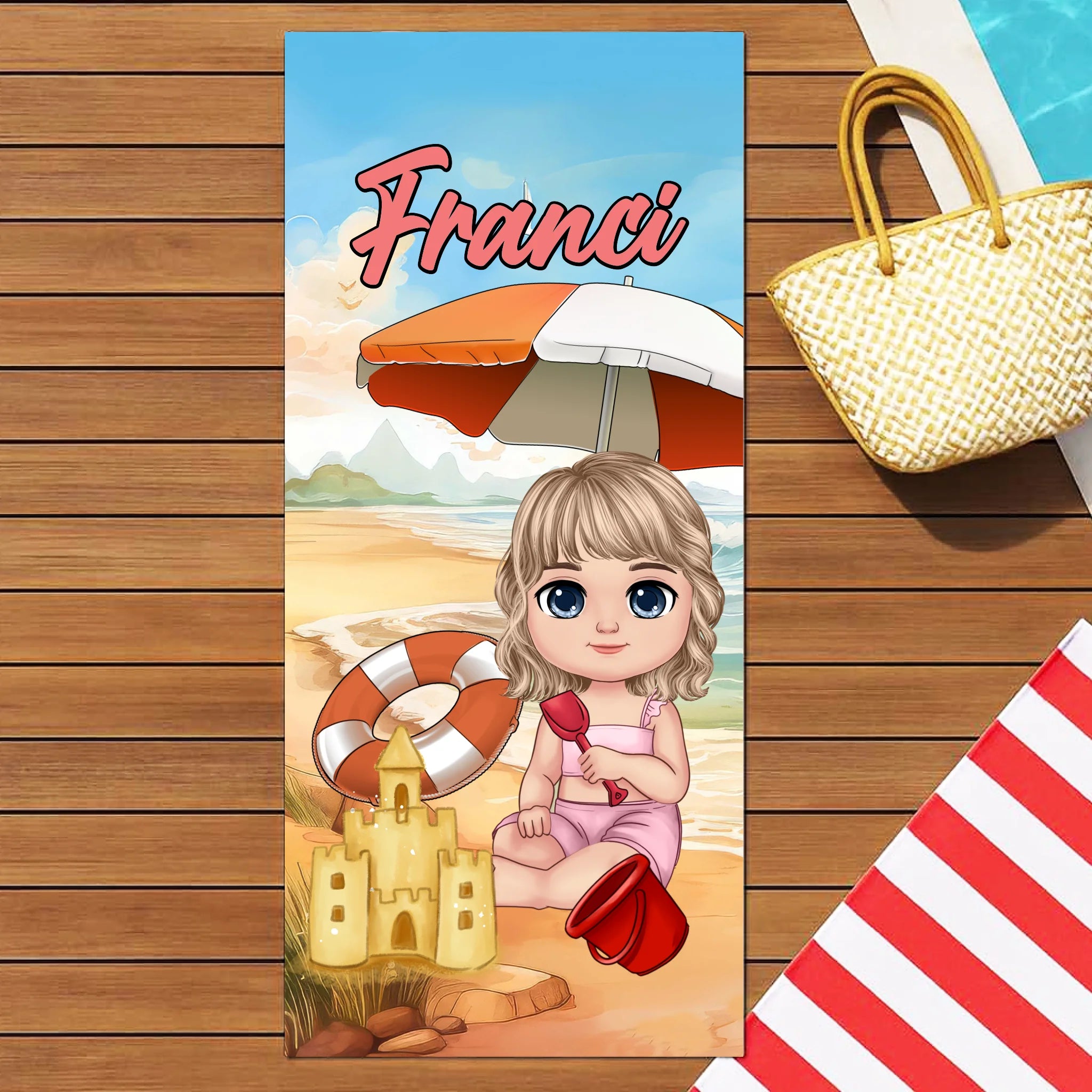 Cuki karakteres egyedi strandtörölköző gyerekeknek névvel - egyedi ajándék lányoknak