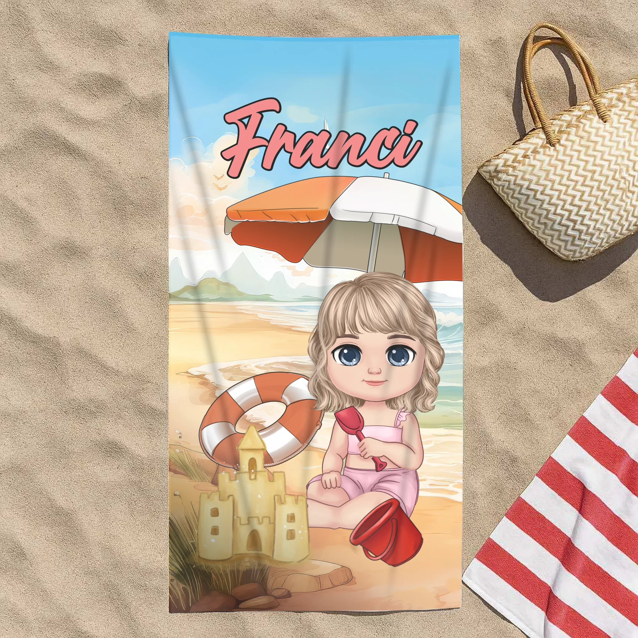 Cuki karakteres egyedi strandtörölköző gyerekeknek névvel - egyedi ajándék lányoknak