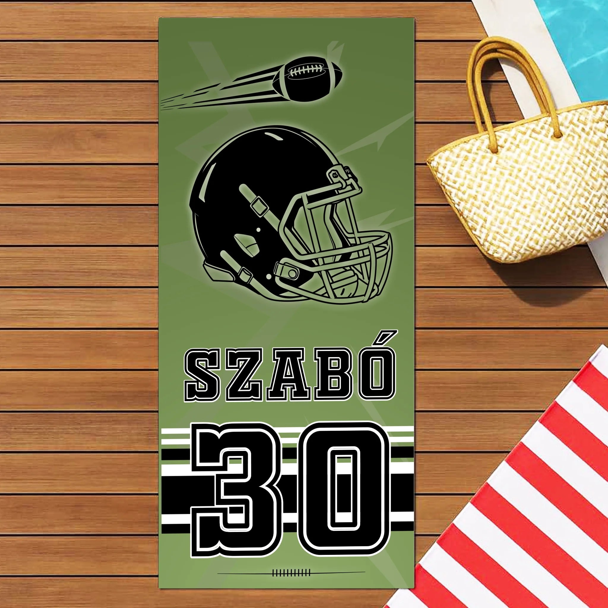 Ajándék amerikai focistáknak - személyre szabott strandtörölköző névvel, számmal