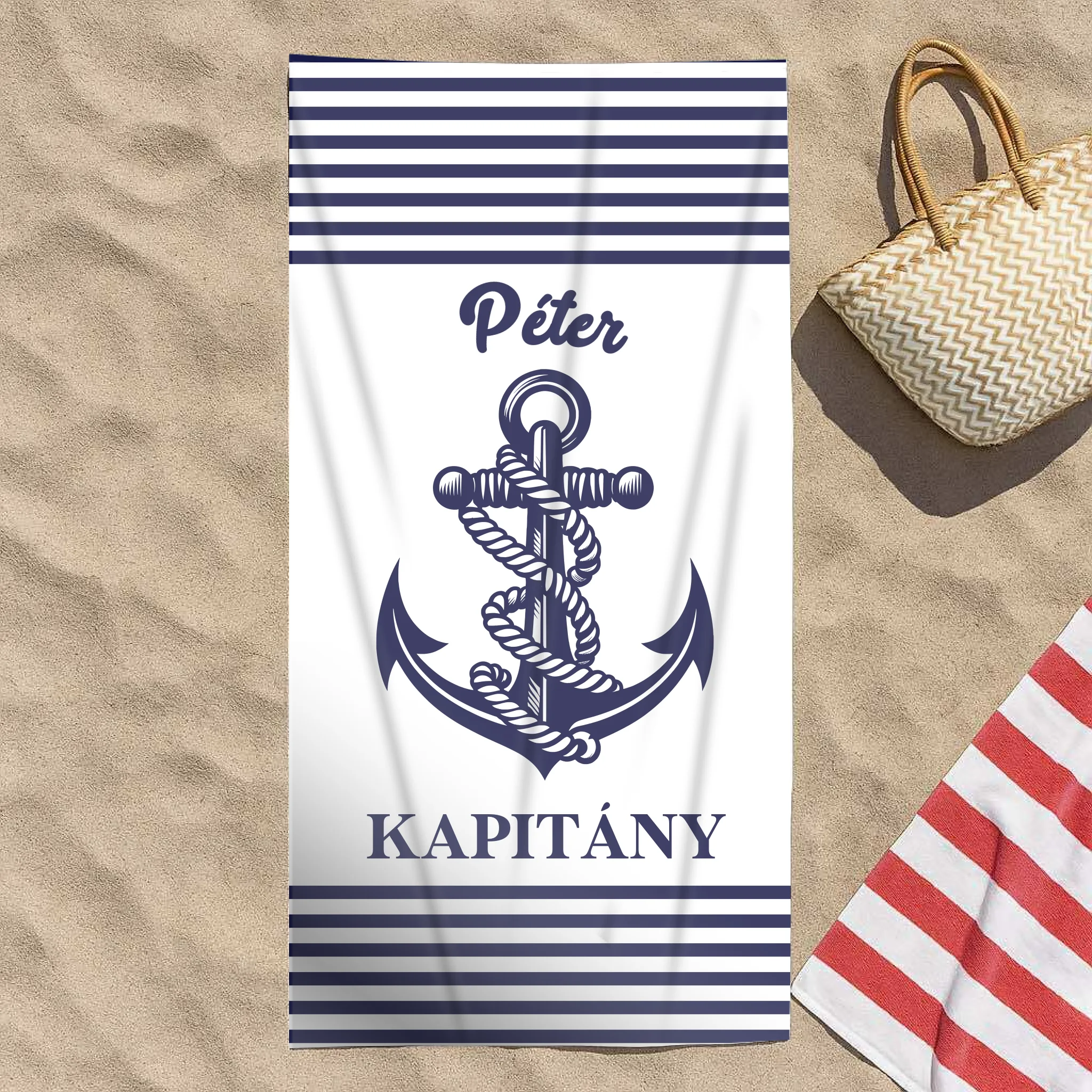 Tengerész stílusú névre szóló egyedi strandtörölköző