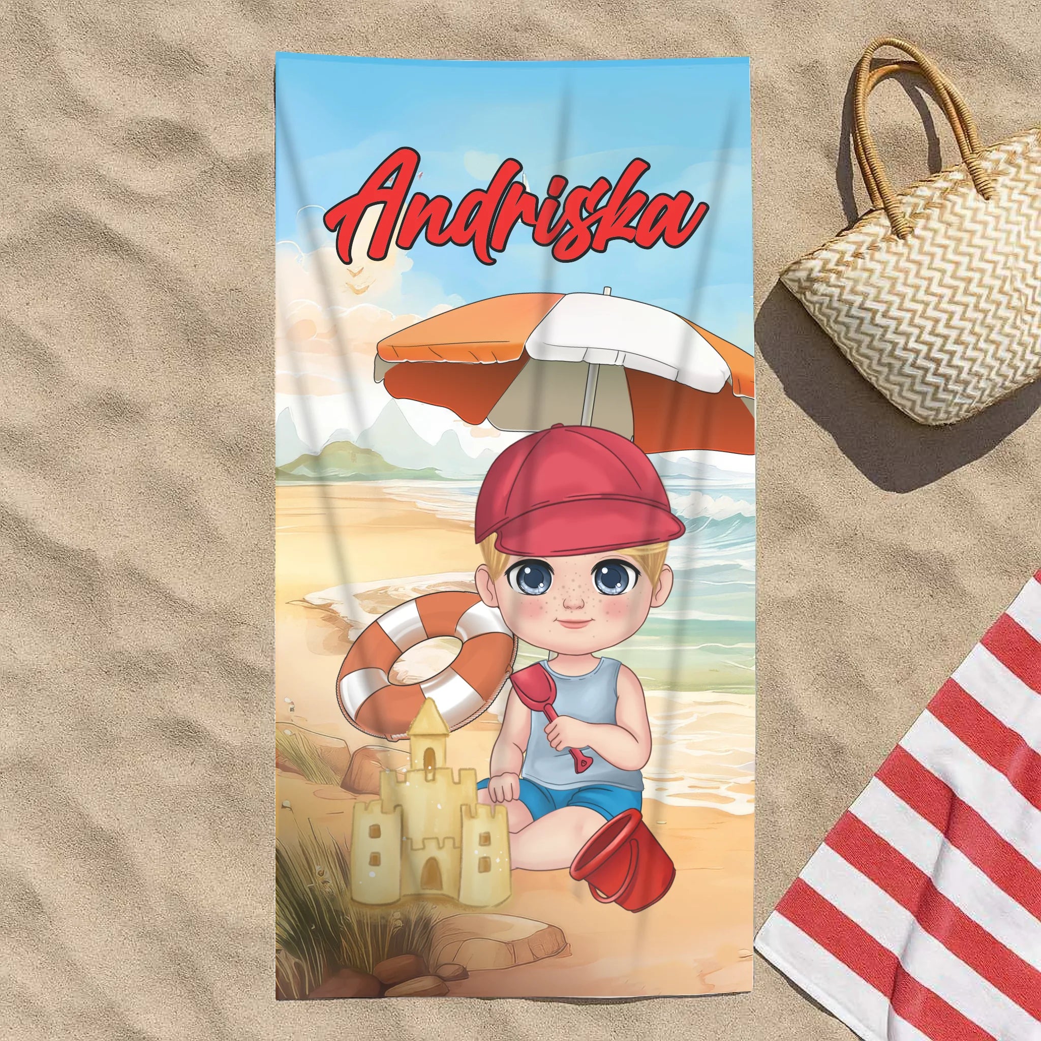 Cuki karakteres egyedi strandtörölköző gyerekeknek névvel - egyedi ajándék fiúknak