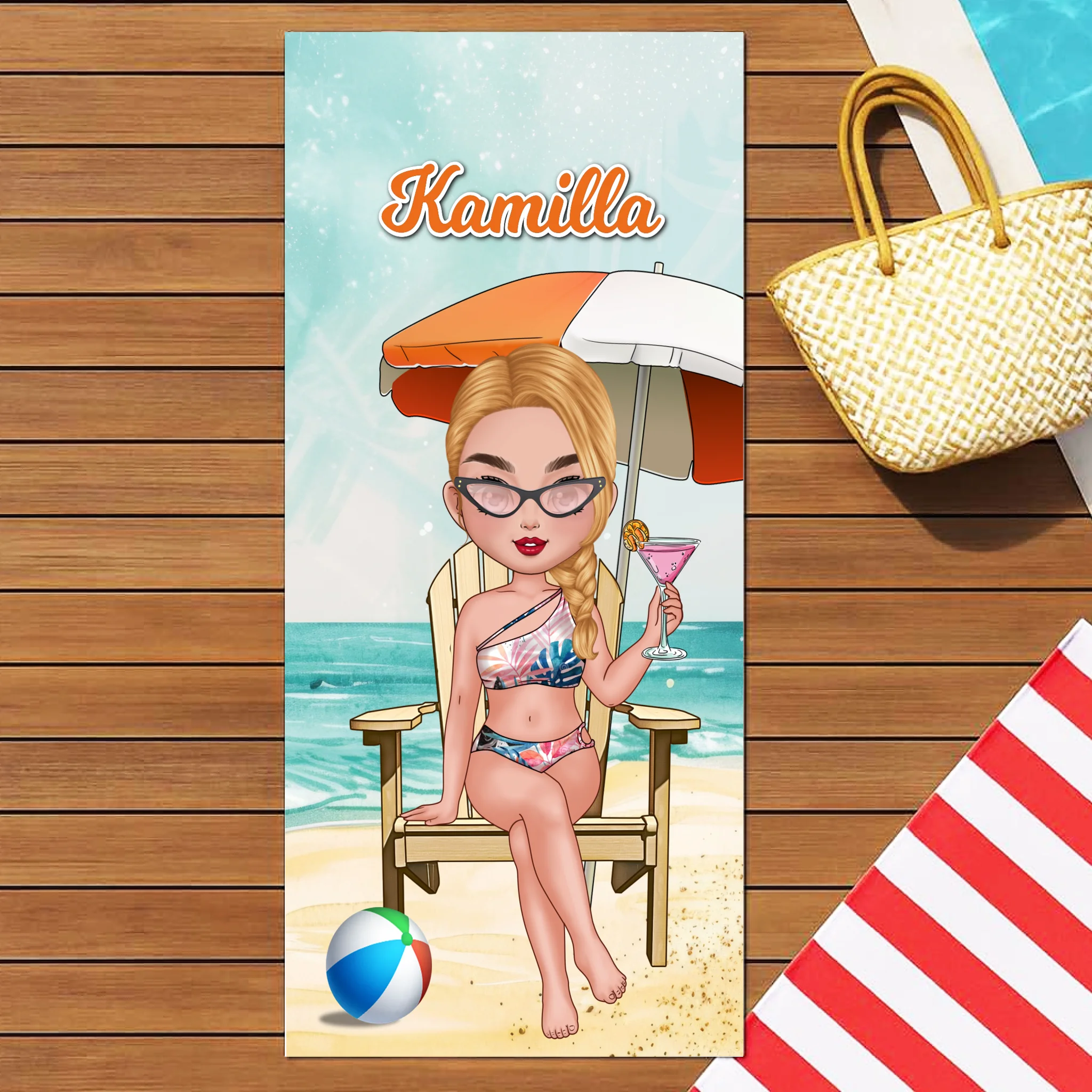 Egyedi strandtörölköző cuki karakteres - ajándék nőknek