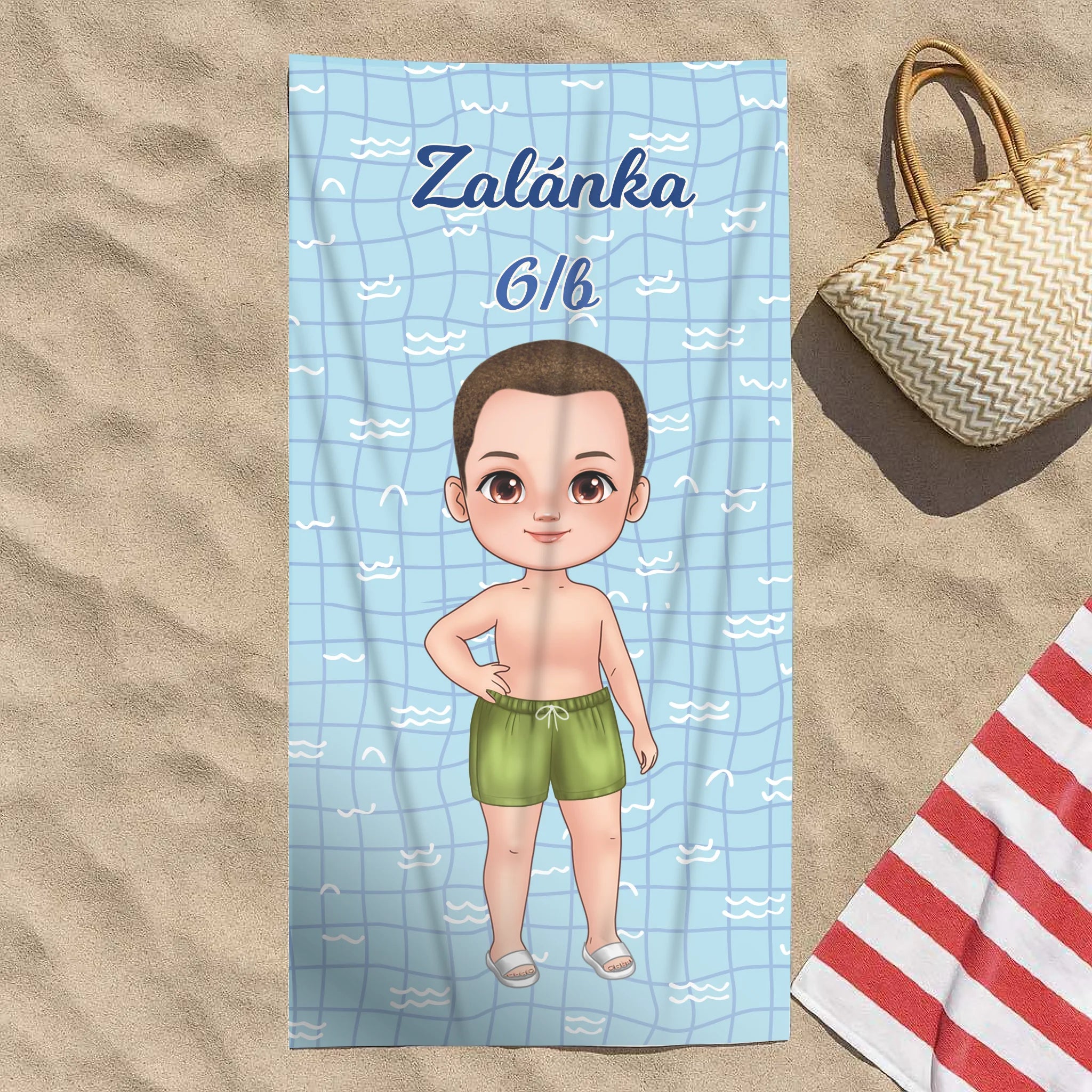Szerkeszthető karakteres ajándék törölköző iskolai úszásra fiúknak
