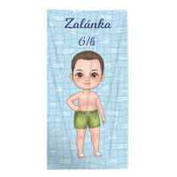 Szerkeszthető karakteres ajándék törölköző iskolai úszásra fiúknak