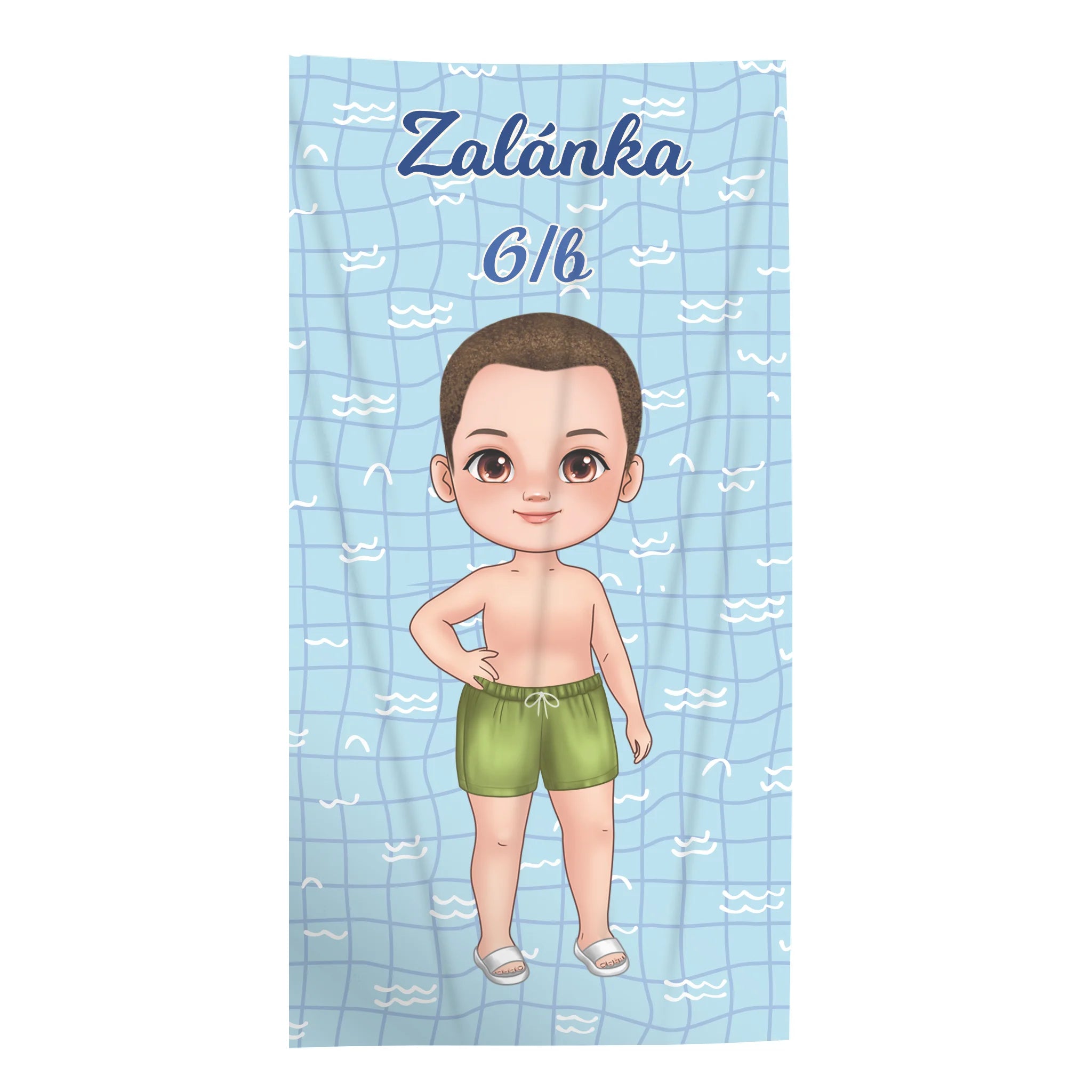 Szerkeszthető karakteres ajándék törölköző iskolai úszásra fiúknak