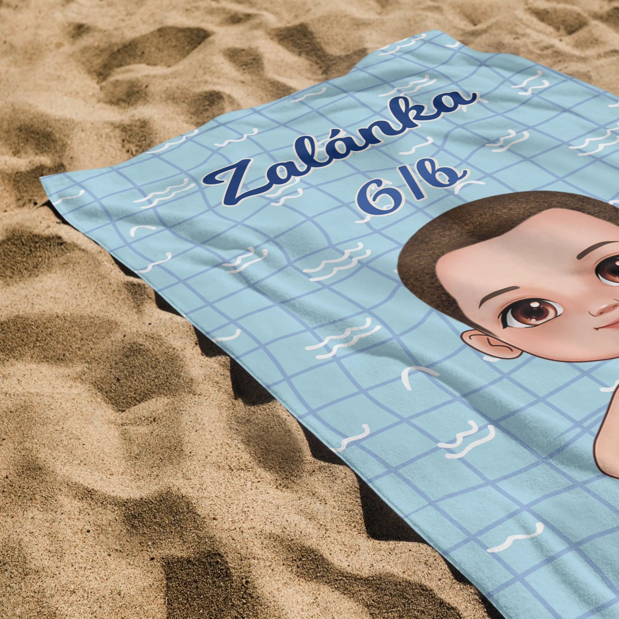 Szerkeszthető karakteres ajándék törölköző iskolai úszásra fiúknak