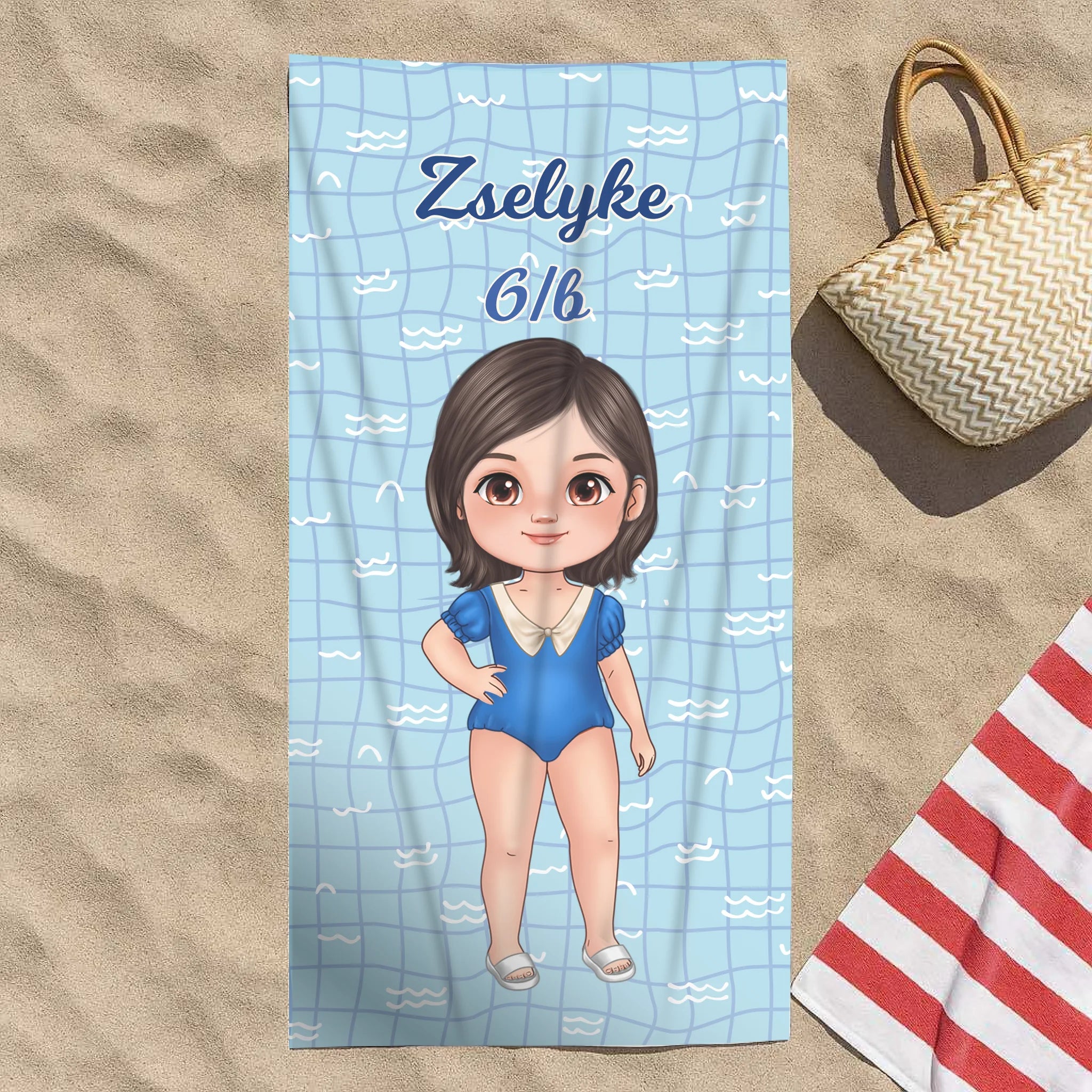 Szerkeszthető karakteres ajándék törölköző iskolai úszásra lányoknak