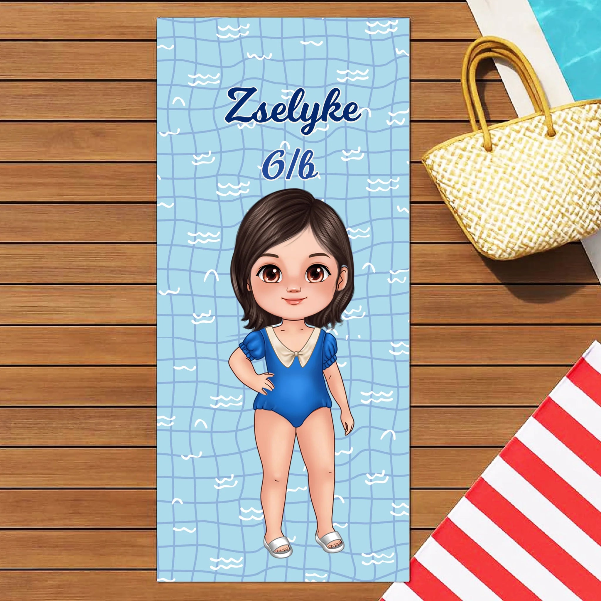 Szerkeszthető karakteres ajándék törölköző iskolai úszásra lányoknak