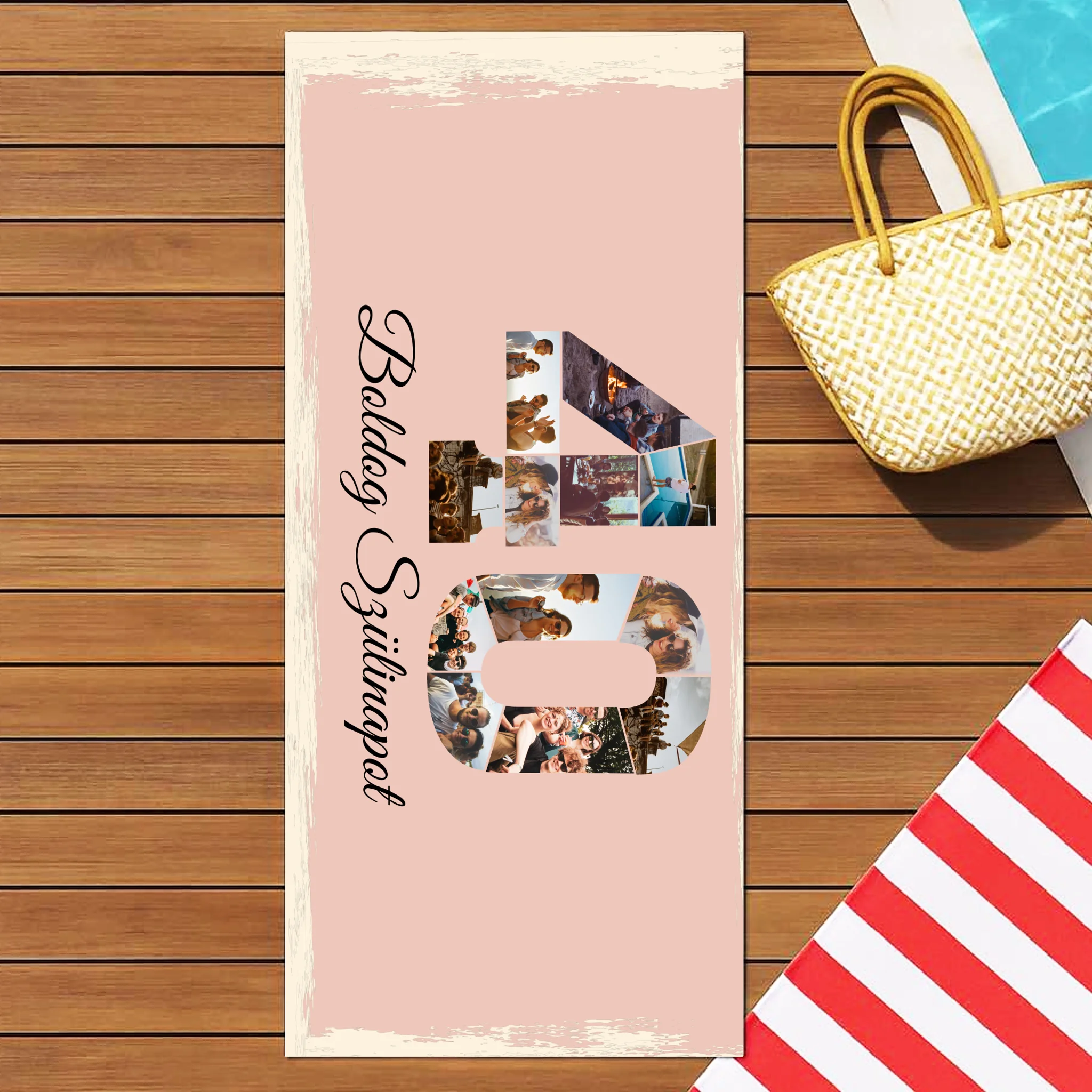 Egyedi képes 40-es ajándék törölköző szerkeszthető felirattal és évszámmal