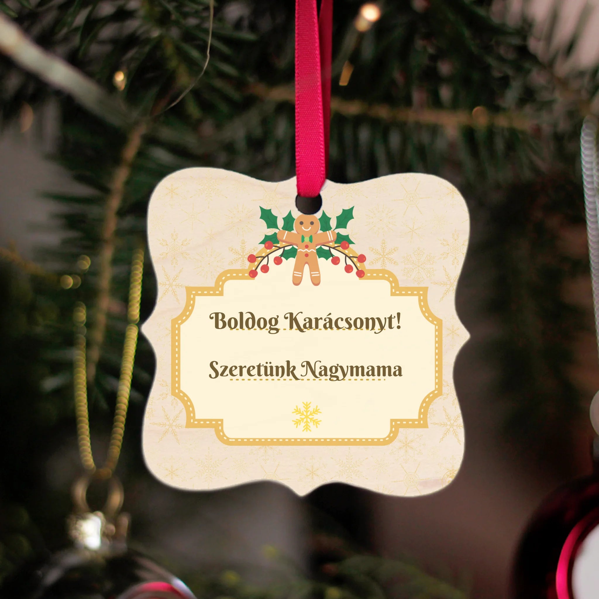 Karácsonyi mintás egyedi feliratos négyzetes karácsonyfadísz