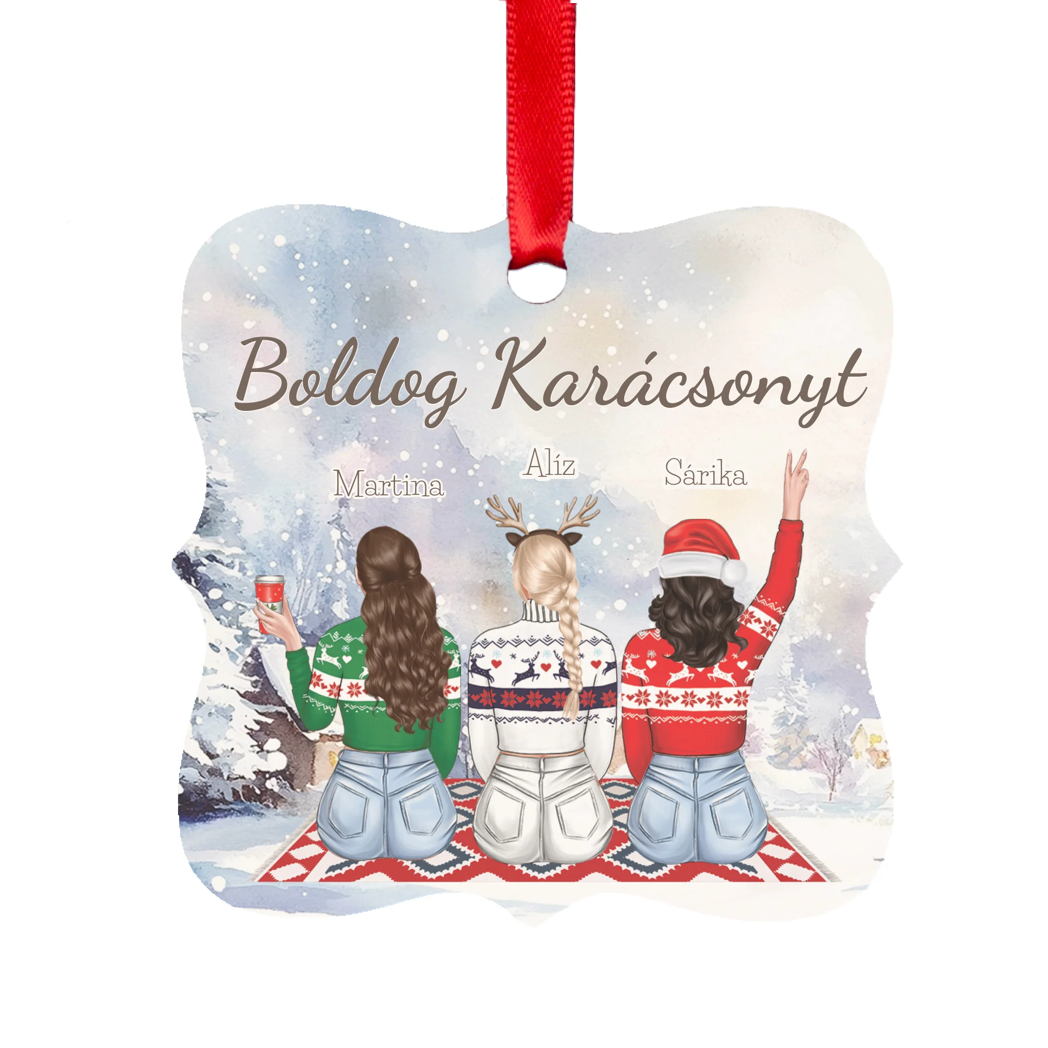 Karácsonyfadísz barátnőknek - szerkeszthető karakteres négyzetes ajándék dísz