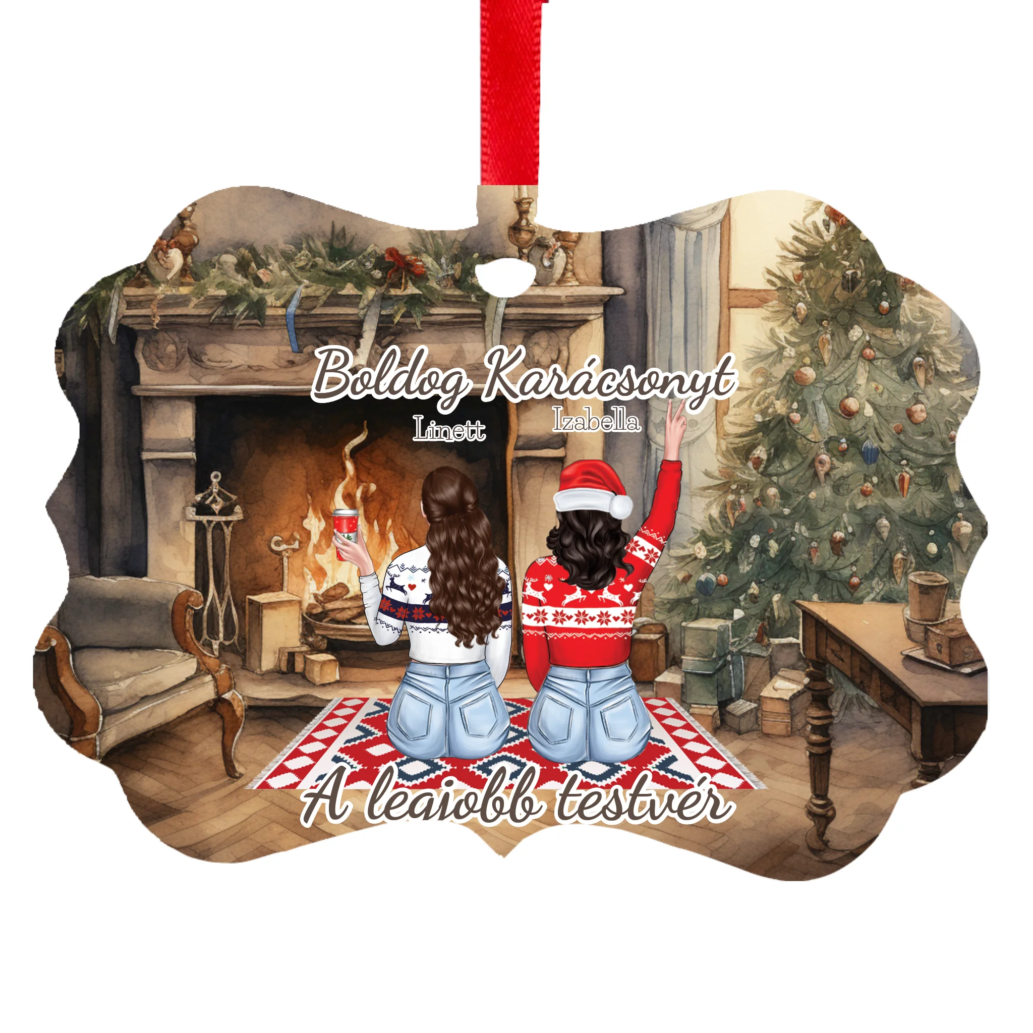 	 Karácsonyfadísz lánytestvéreknek - szerkeszthető karakteres hosszúkás dísz