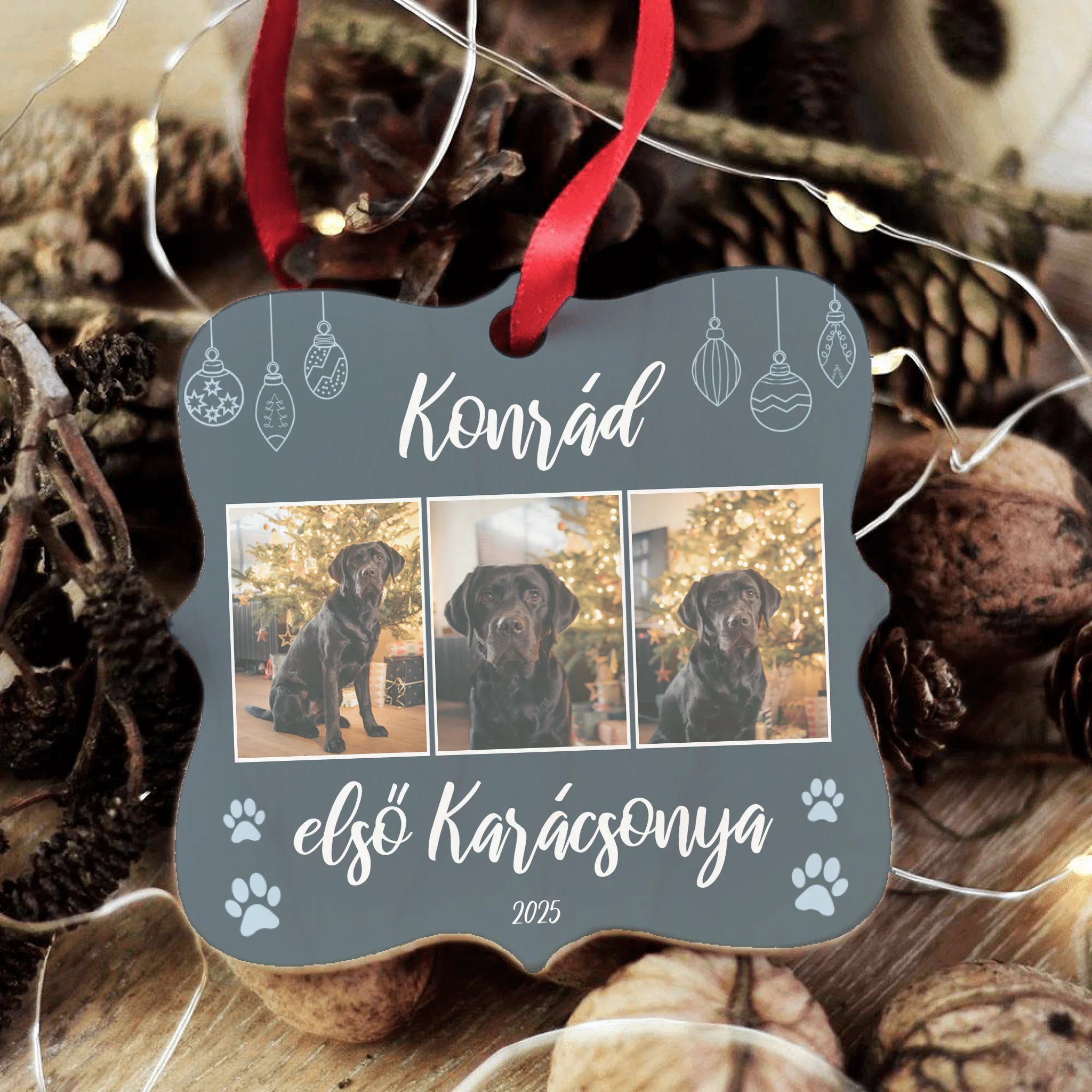 Egyedi négyzetes állatos karácsonyfadísz 3 fényképpel
