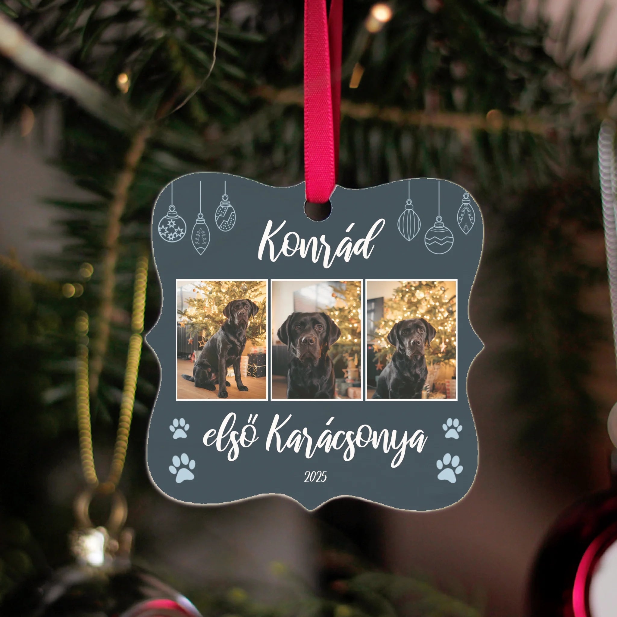 Egyedi négyzetes állatos karácsonyfadísz 3 fényképpel