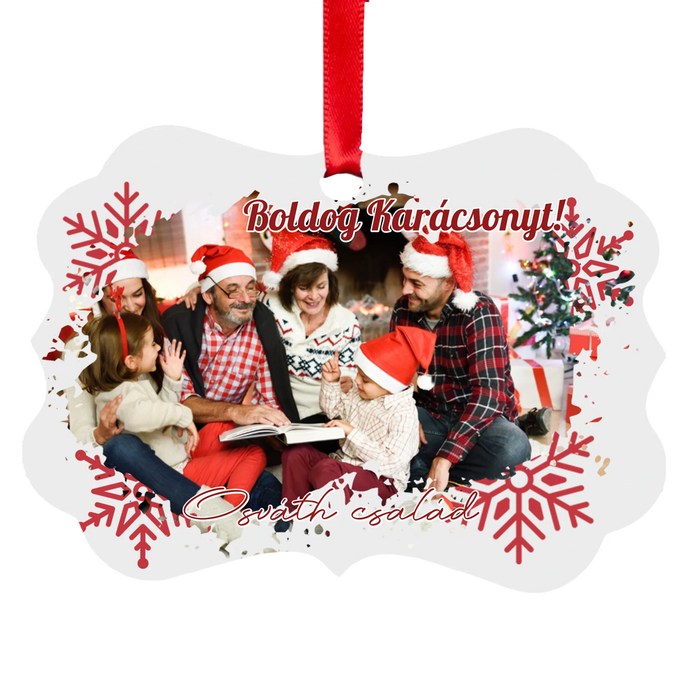 Egyedi mintás hosszúkás karácsonyfadísz szerkeszthető felirattal