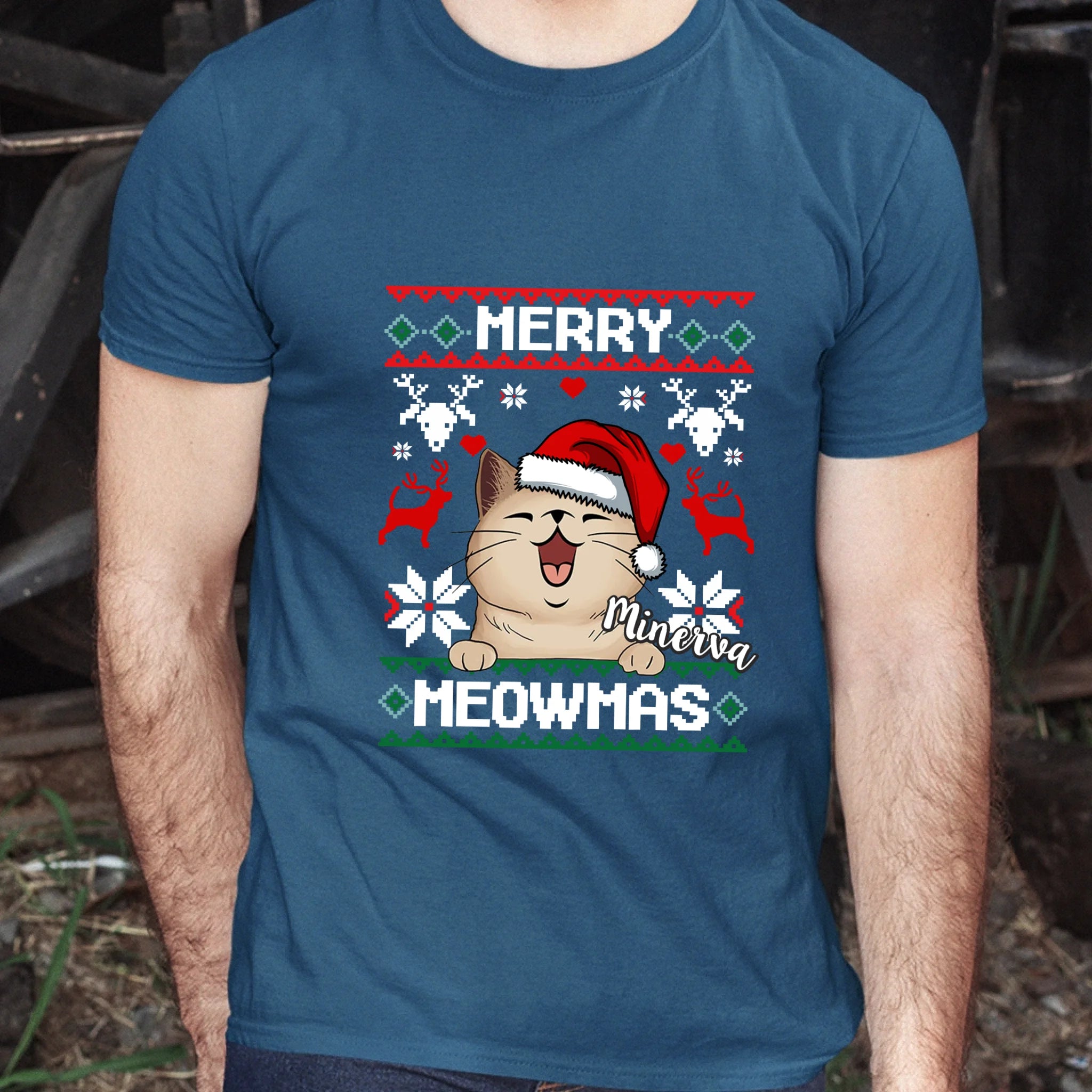 Merry Meowmass Karácsonyi Póló Gazdiknak választható macskával -egyedi ajándék férfiaknak