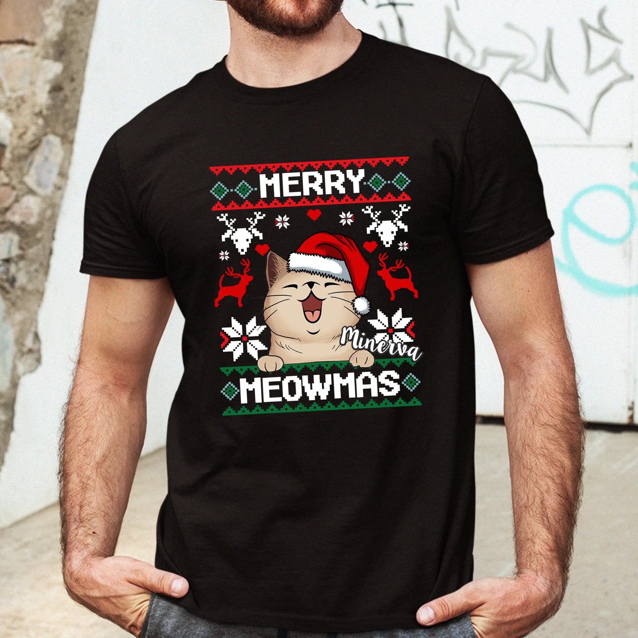 Merry Meowmass Karácsonyi Póló Gazdiknak választható macskával -egyedi ajándék férfiaknak