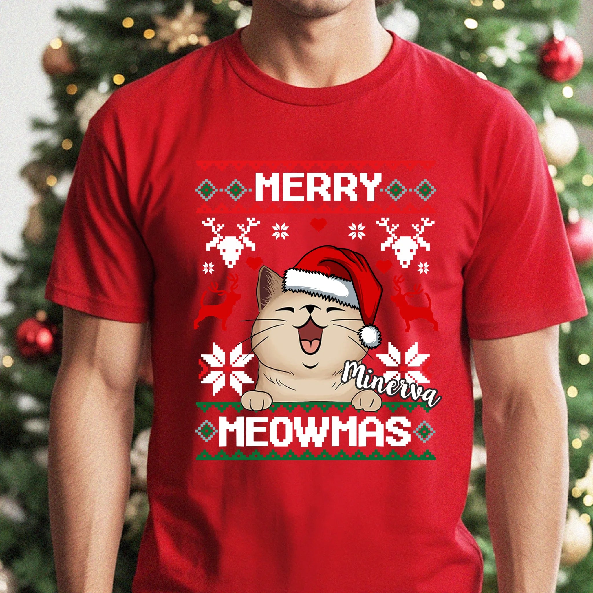 Merry Meowmass Karácsonyi Póló Gazdiknak választható macskával -egyedi ajándék férfiaknak