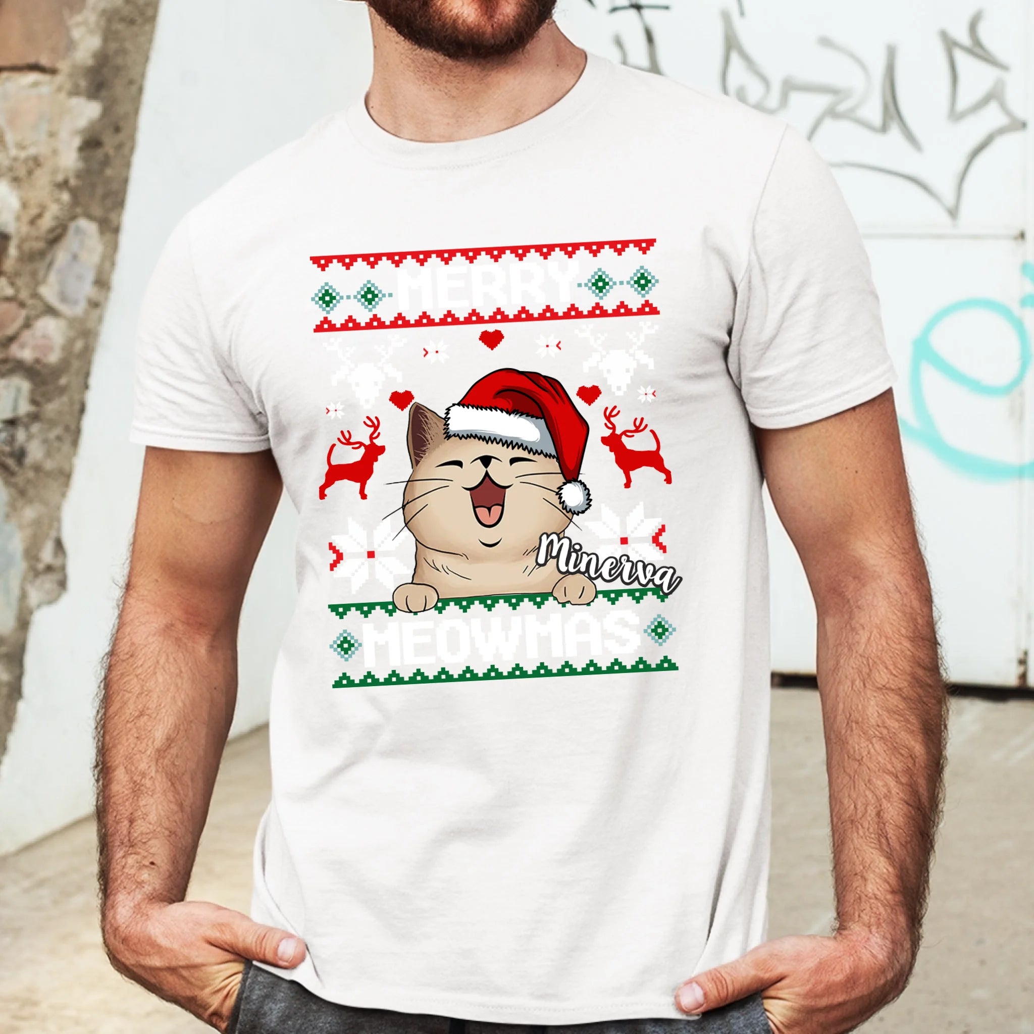 Merry Meowmass Karácsonyi Póló Gazdiknak választható macskával -egyedi ajándék férfiaknak