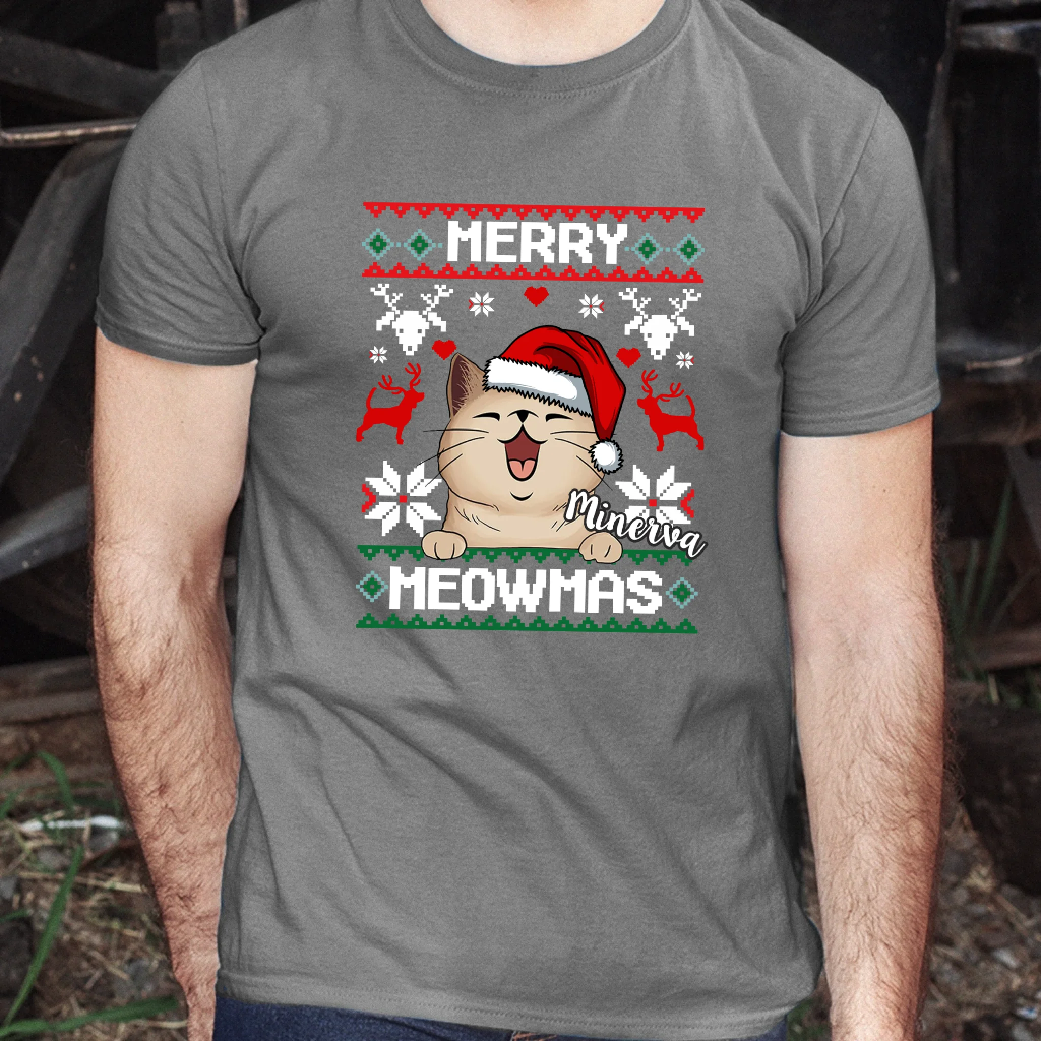 Merry Meowmass Karácsonyi Póló Gazdiknak választható macskával -egyedi ajándék férfiaknak