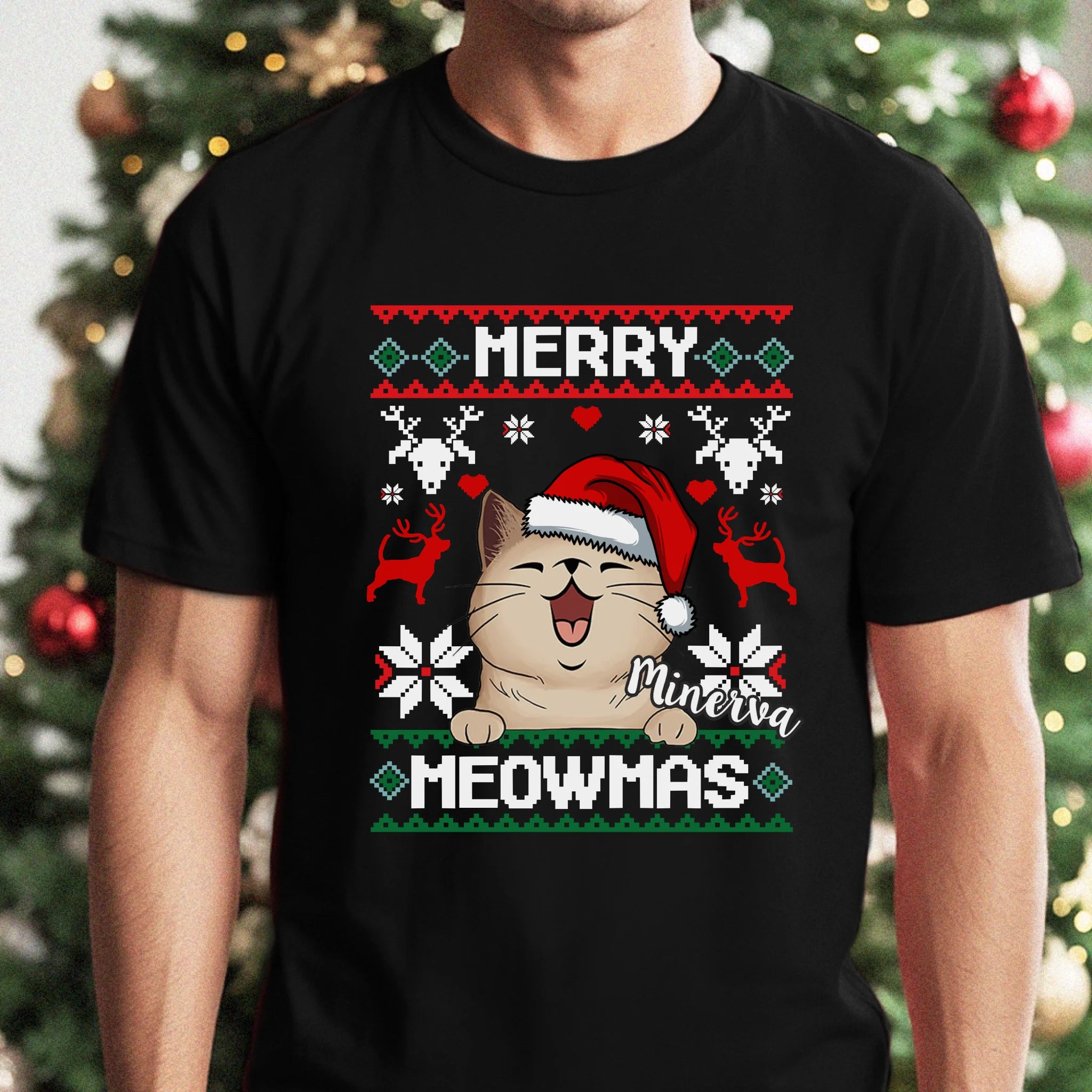 Merry Meowmass Karácsonyi Póló Gazdiknak választható macskával -egyedi ajándék férfiaknak