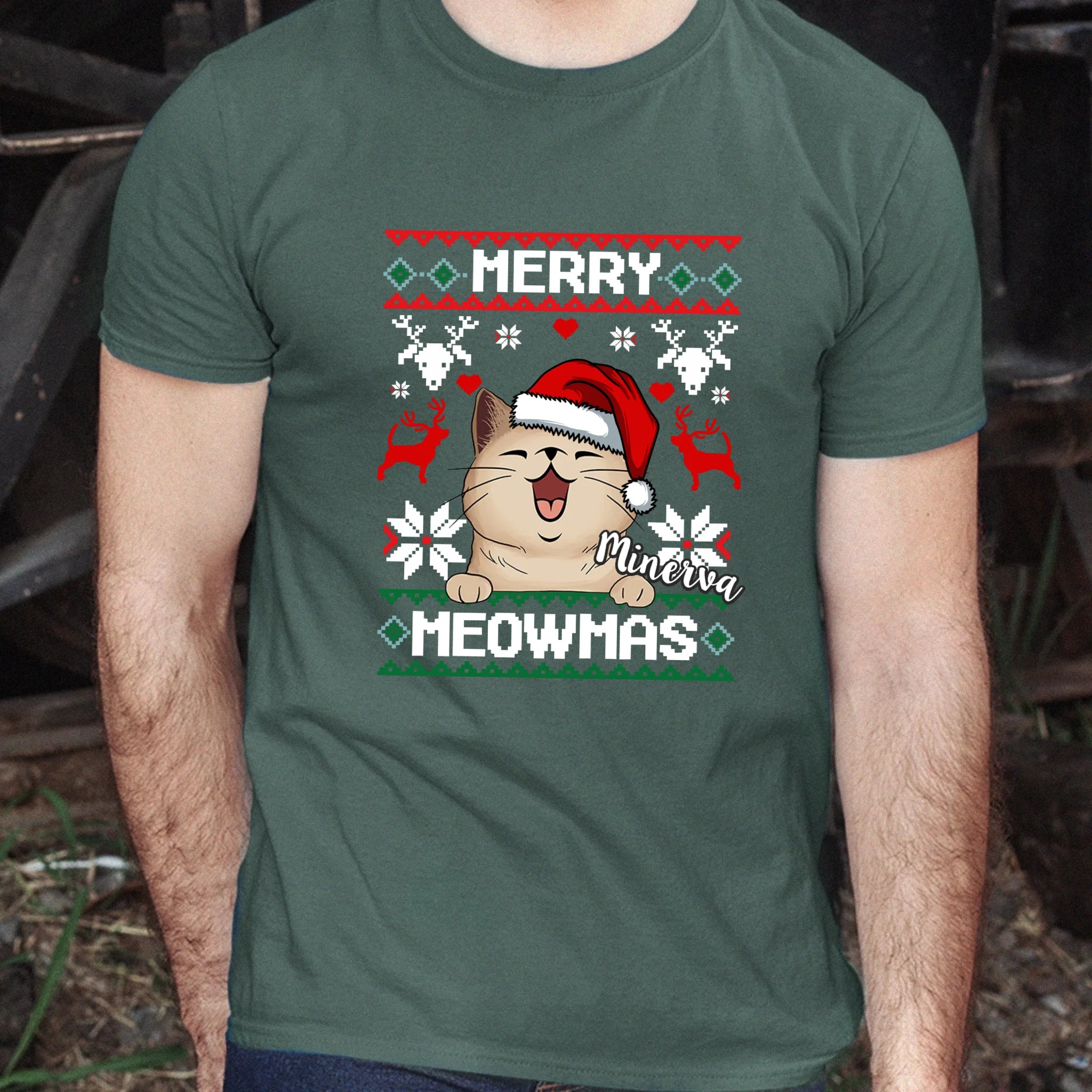 Merry Meowmass Karácsonyi Póló Gazdiknak választható macskával -egyedi ajándék férfiaknak