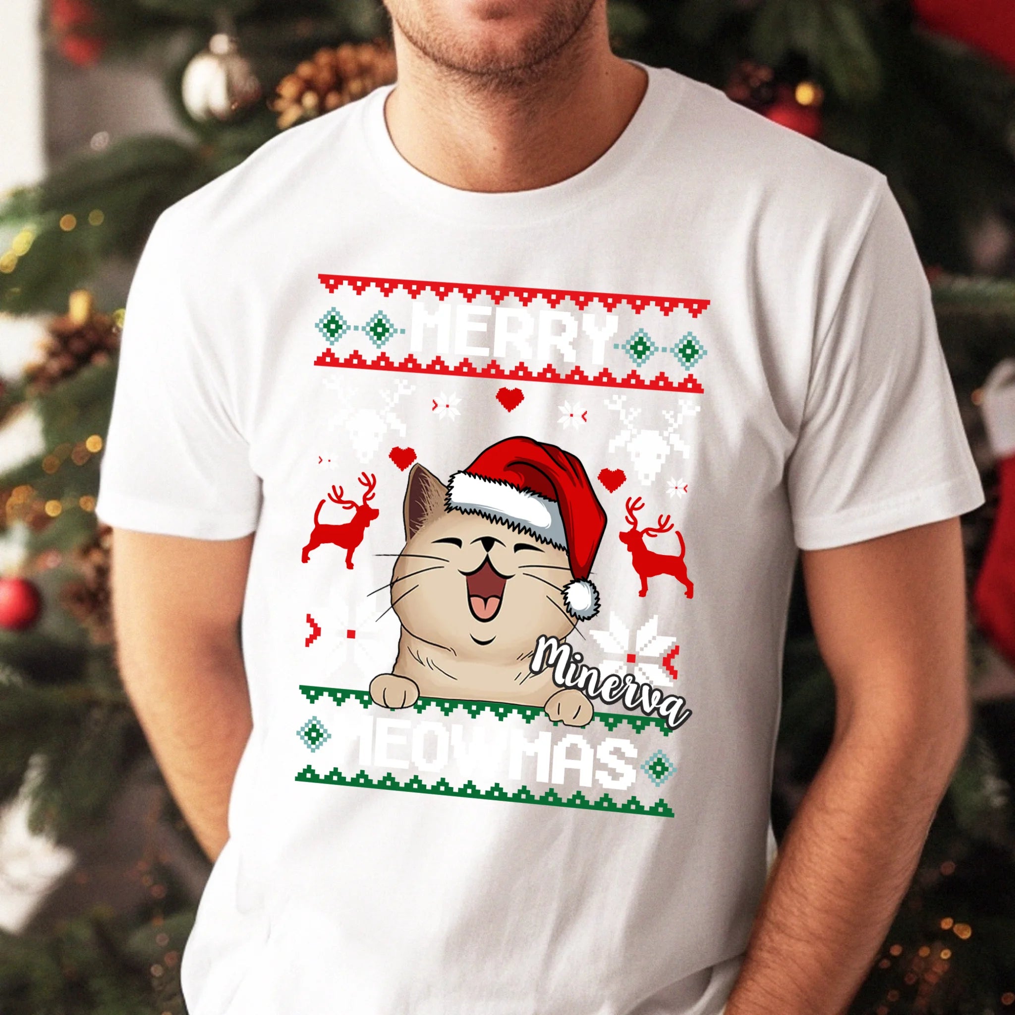 Merry Meowmass Karácsonyi Póló Gazdiknak választható macskával -egyedi ajándék férfiaknak