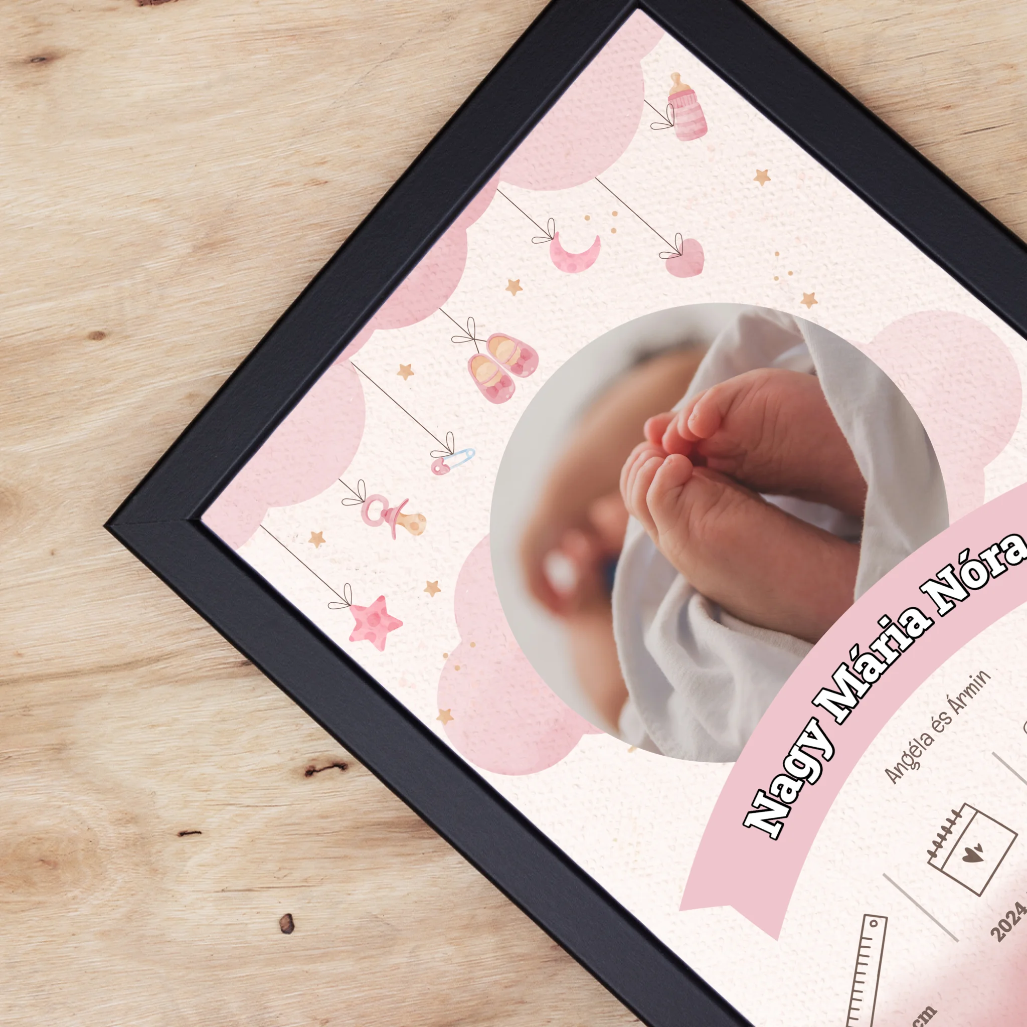 Megérkeztem falikép adatokkal babaköszöntő ajándék szülőknek