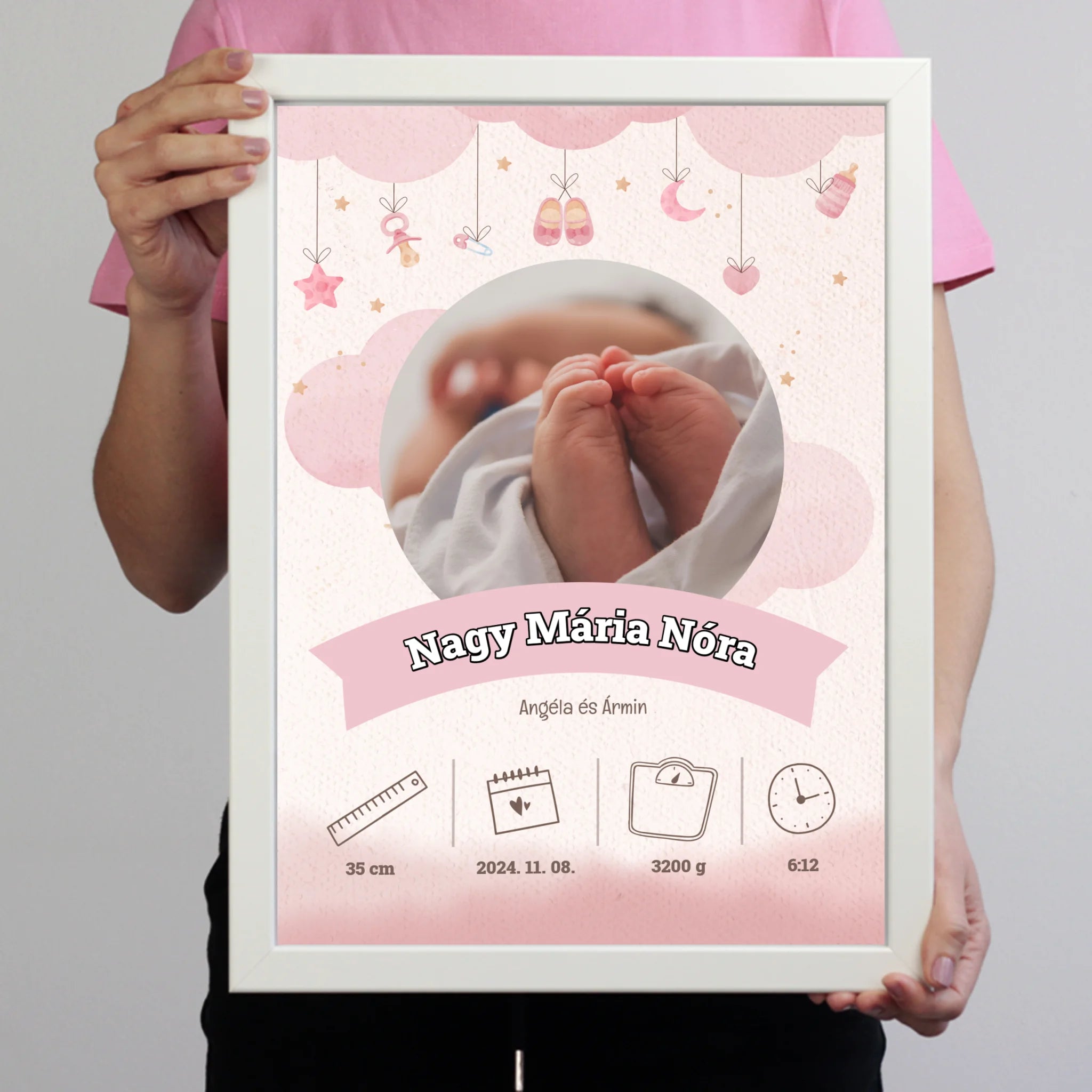 Megérkeztem falikép adatokkal babaköszöntő ajándék szülőknek