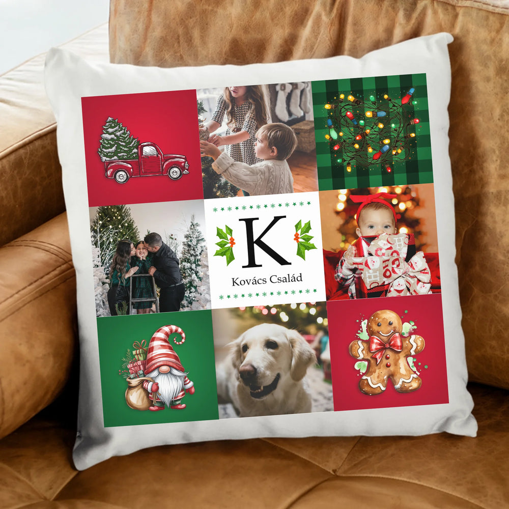 Karácsonyi párna családnévvel és 4 képpel