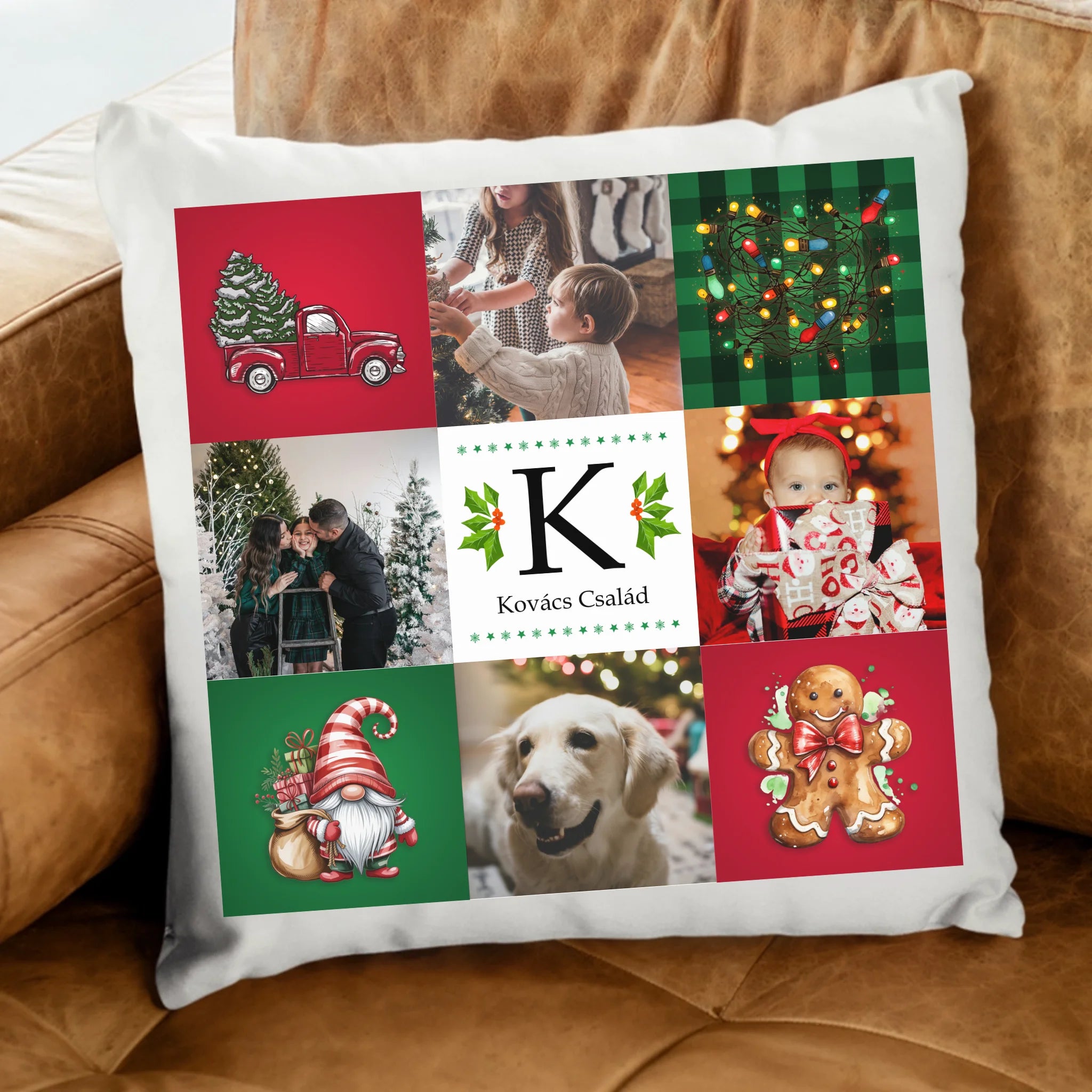 Karácsonyi párna családnévvel és 4 képpel
