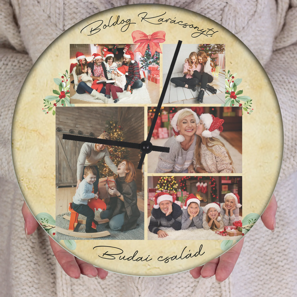 Egyedi képes karácsonyi ajándék óra szerkeszthető felirattal