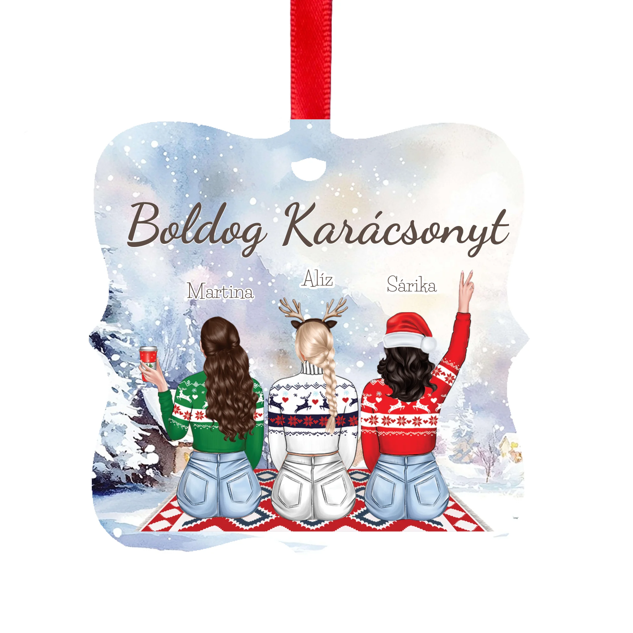 Karácsonyfadísz barátnőknek - szerkeszthető karakteres négyzetes ajándék dísz
