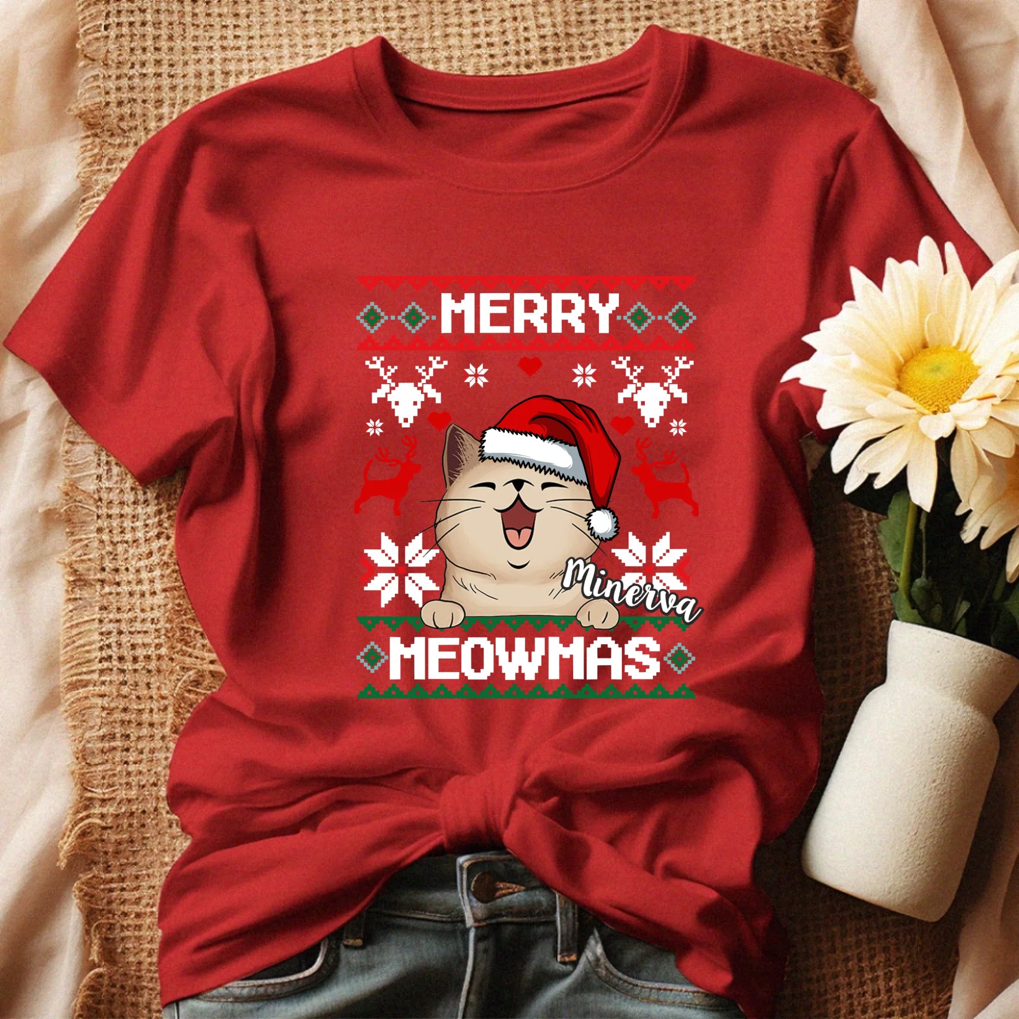 Merry Meowmass Karácsonyi Póló Gazdiknak választható macskával -egyedi ajándék nőknek