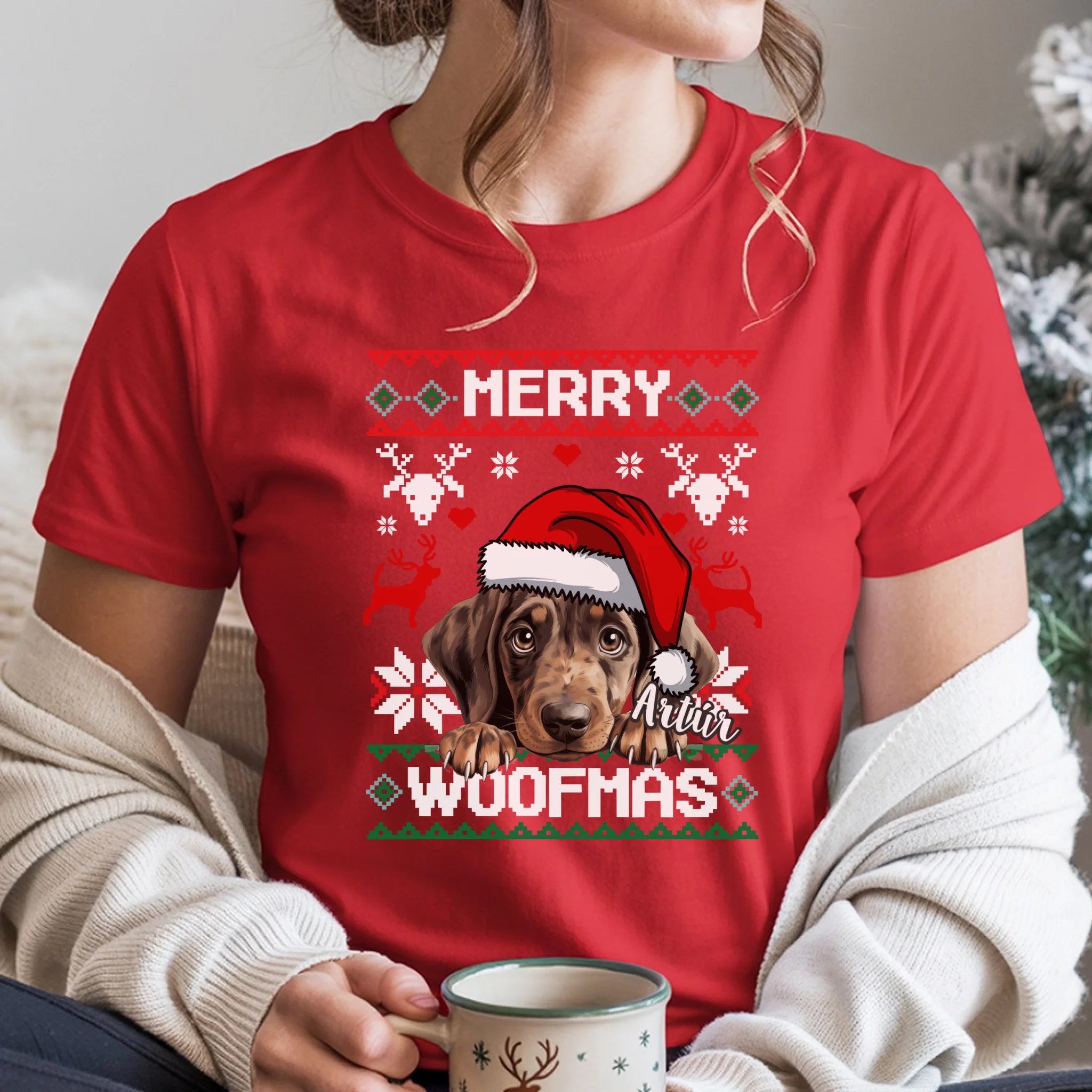 Merry Woofmass Karácsonyi Póló Gazdiknak választható kutyával -egyedi ajándék nőknek