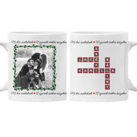 Mi kis családunk - egyedi képes karácsonyi ajándék bögre scrabble mintával