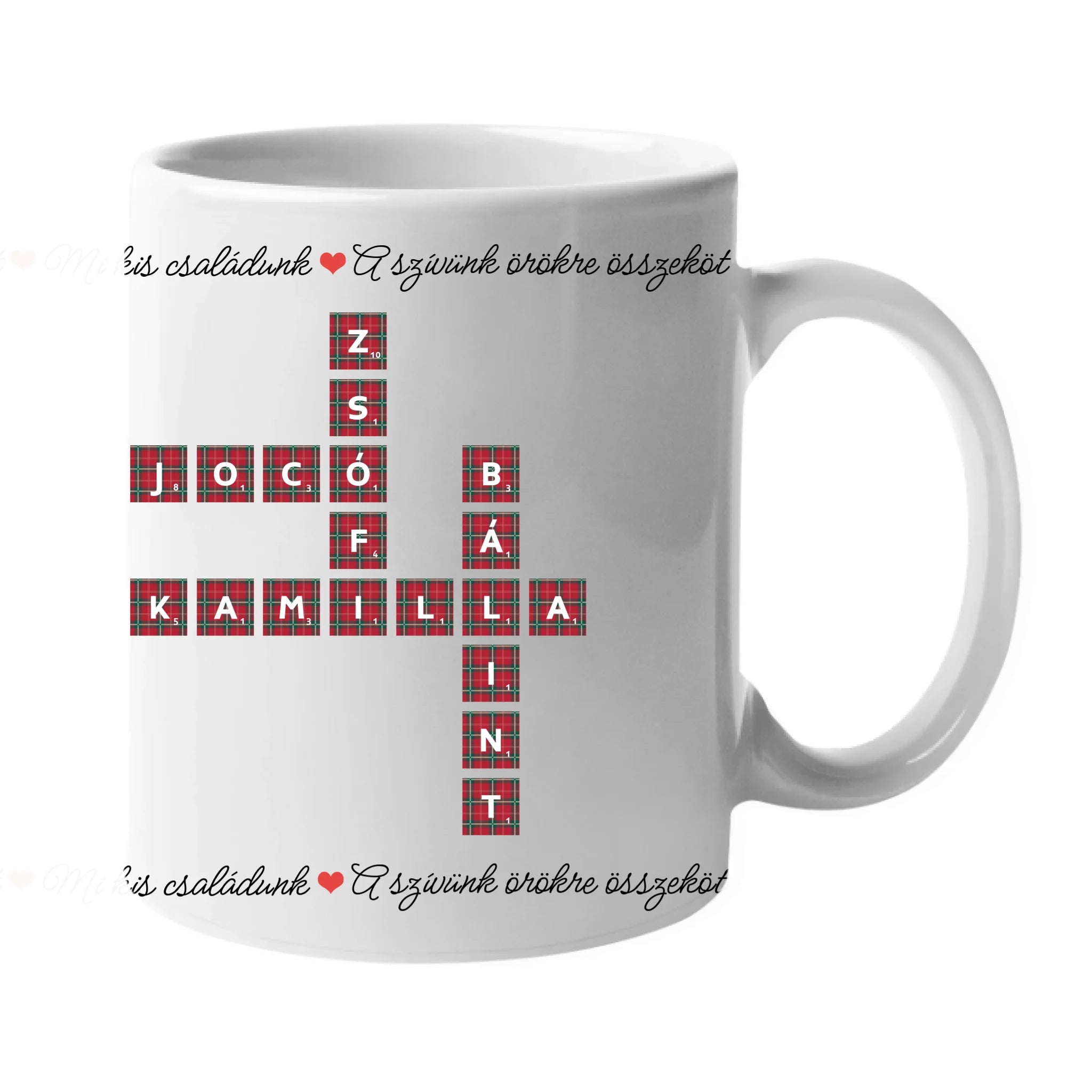 Mi kis családunk - egyedi képes karácsonyi ajándék bögre scrabble mintával