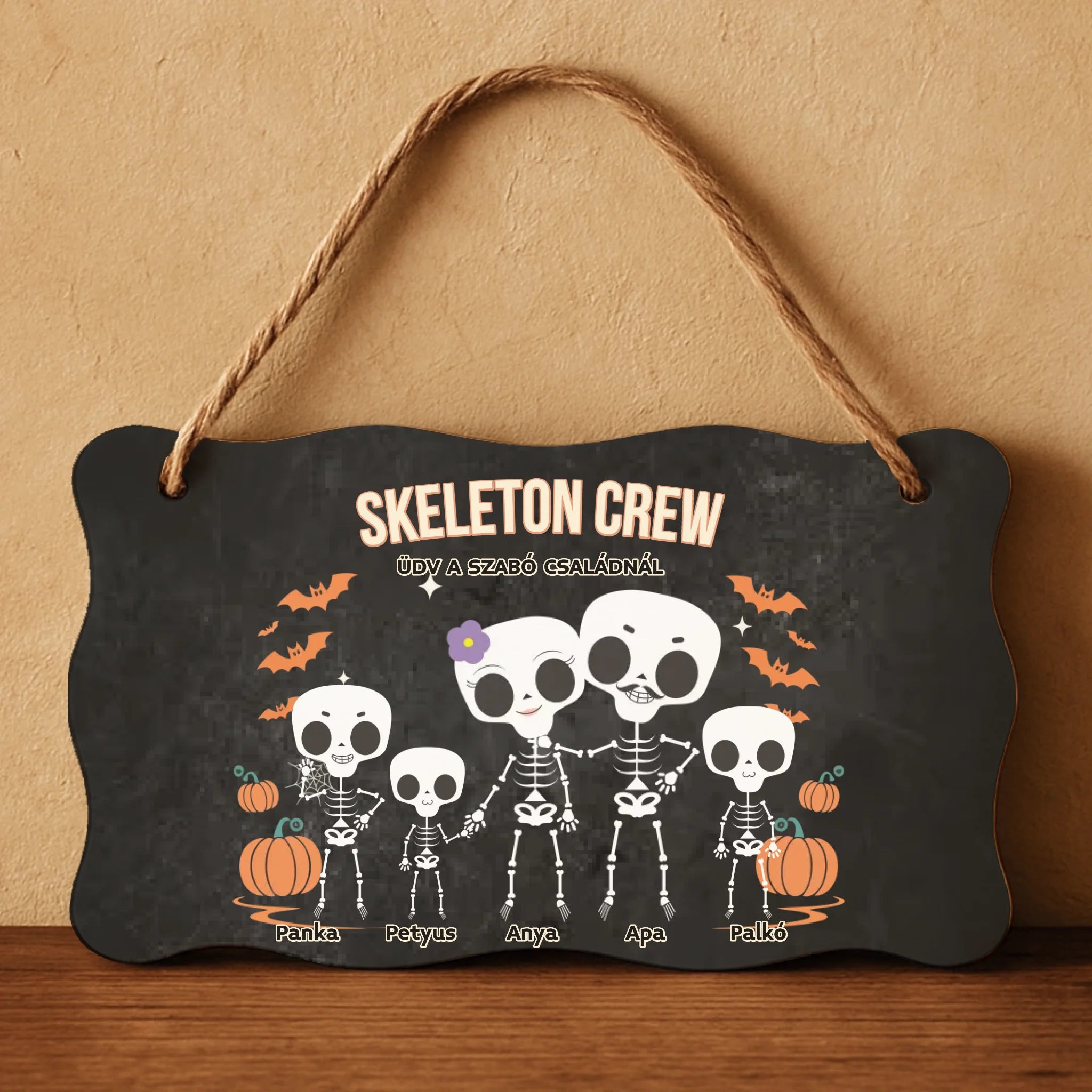 Személyre szabható őszi Halloweeni fali dekor tábla - Skeleton Crew családi ajándék