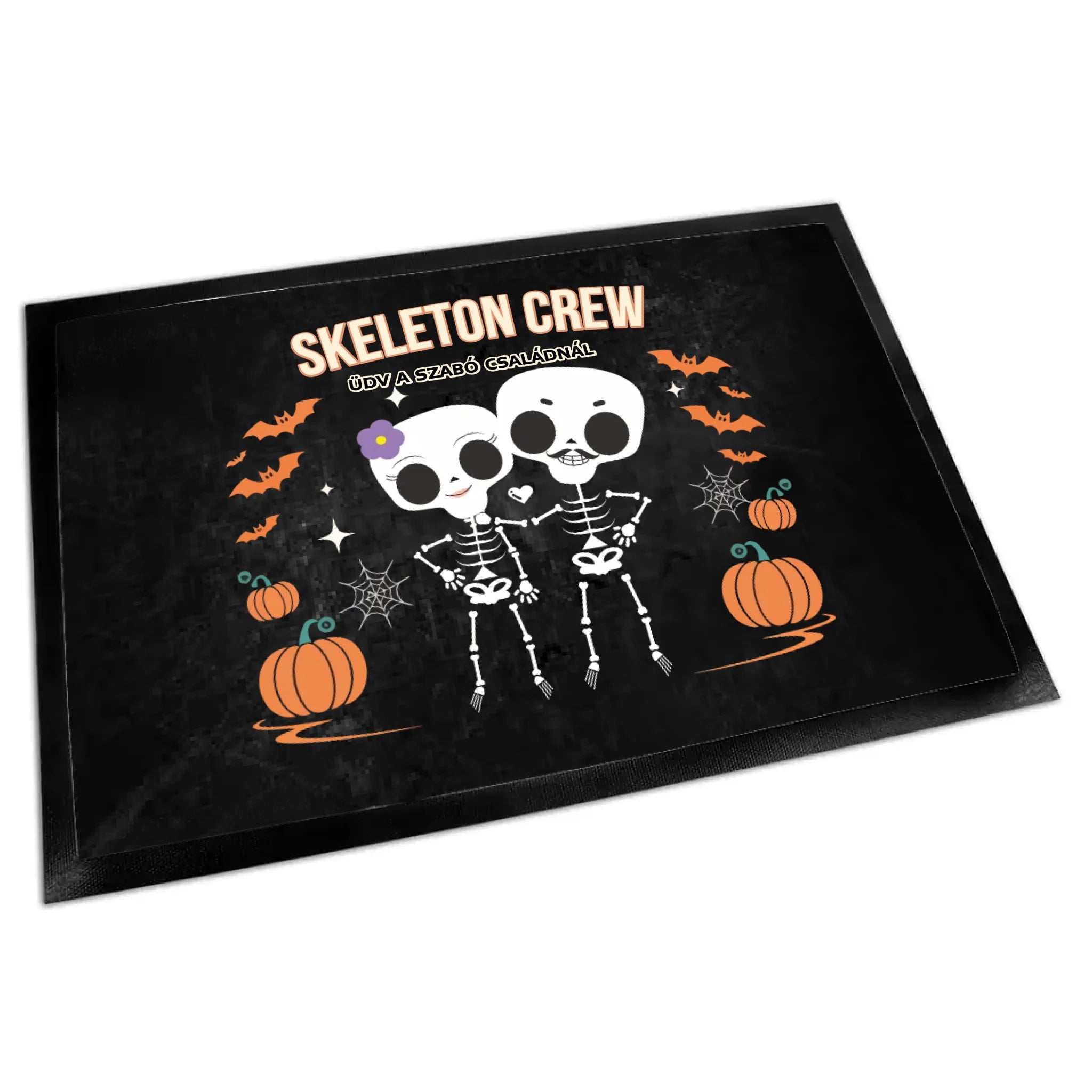 Személyre szabható őszi Halloweeni lábtörlő - Skeleton Crew családi ajándék pároknak