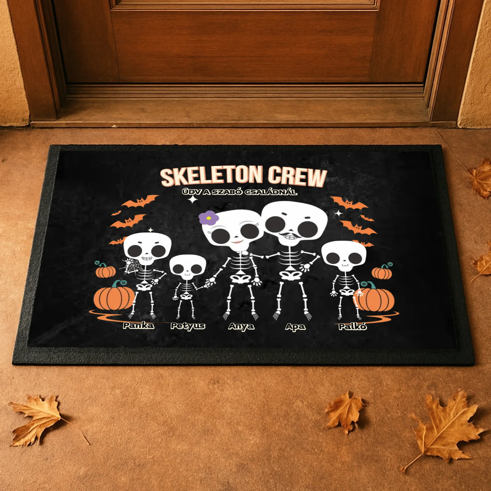 Személyre szabható őszi Halloweeni lábtörlő - Skeleton Crew családi ajándék