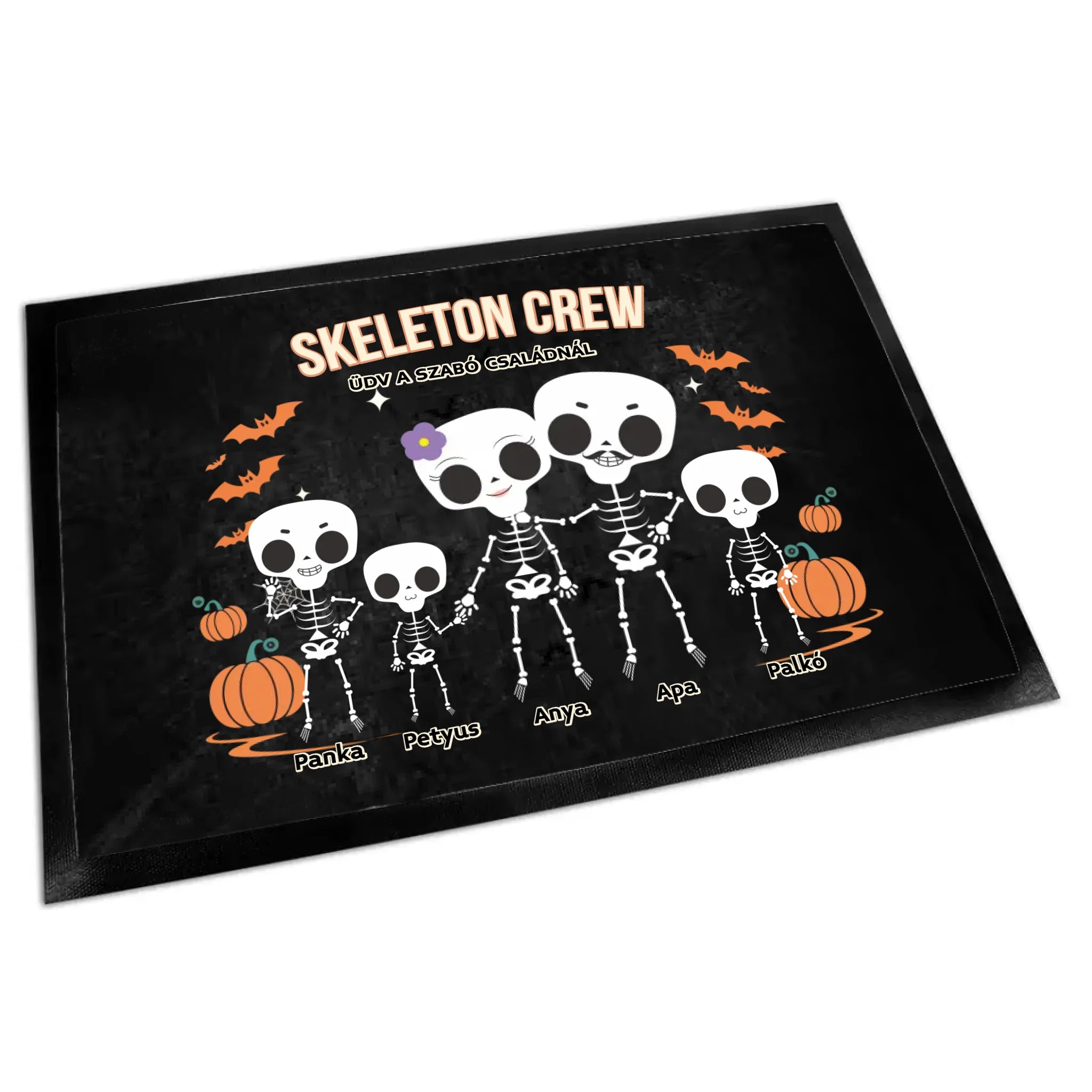 Személyre szabható őszi Halloweeni lábtörlő - Skeleton Crew családi ajándék