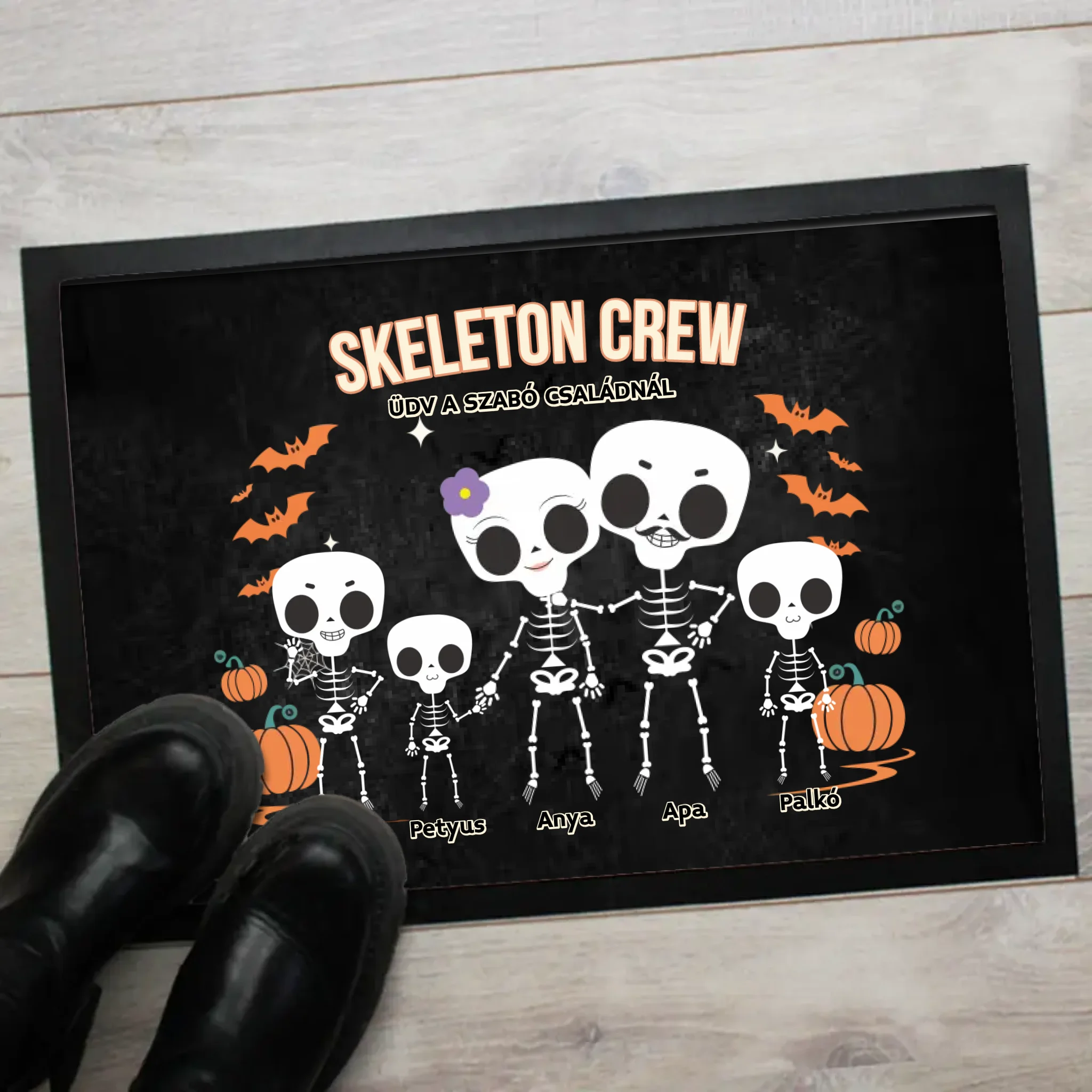 Személyre szabható őszi Halloweeni lábtörlő - Skeleton Crew családi ajándék