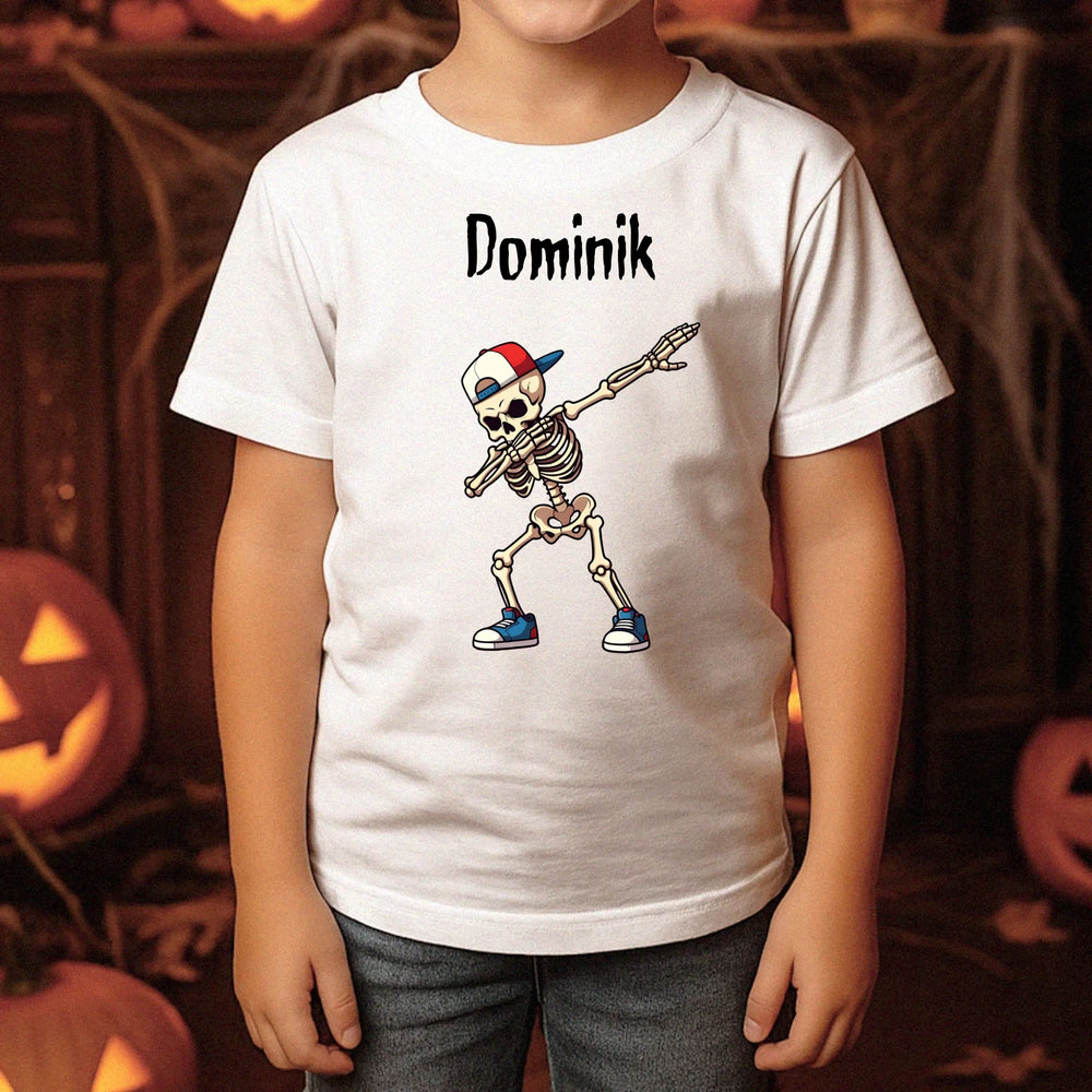 Halloweeni csontvázas gyerek póló egyedi névvel
