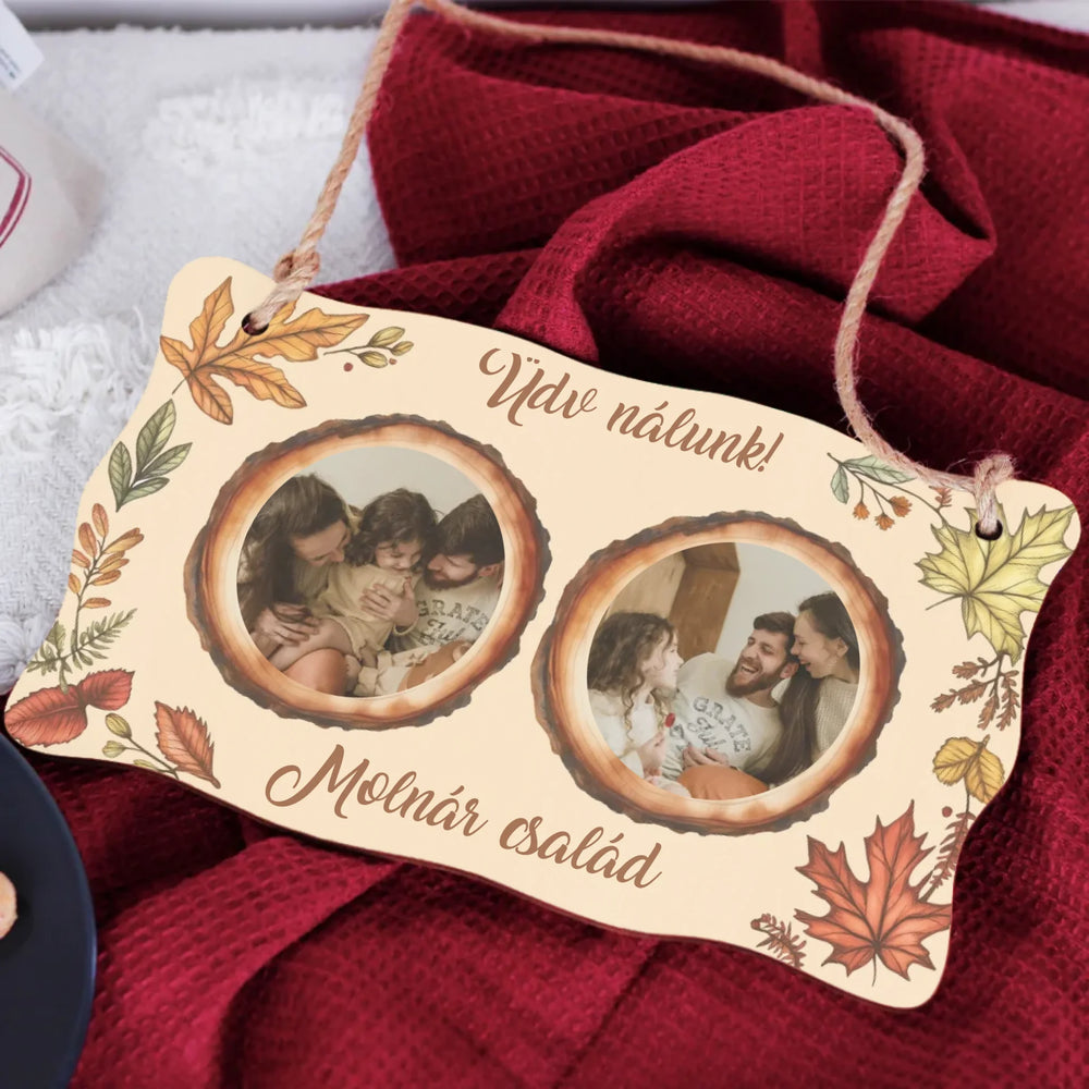 Őszi ajtódísz fatábla egyedi névvel és felirattal két képes