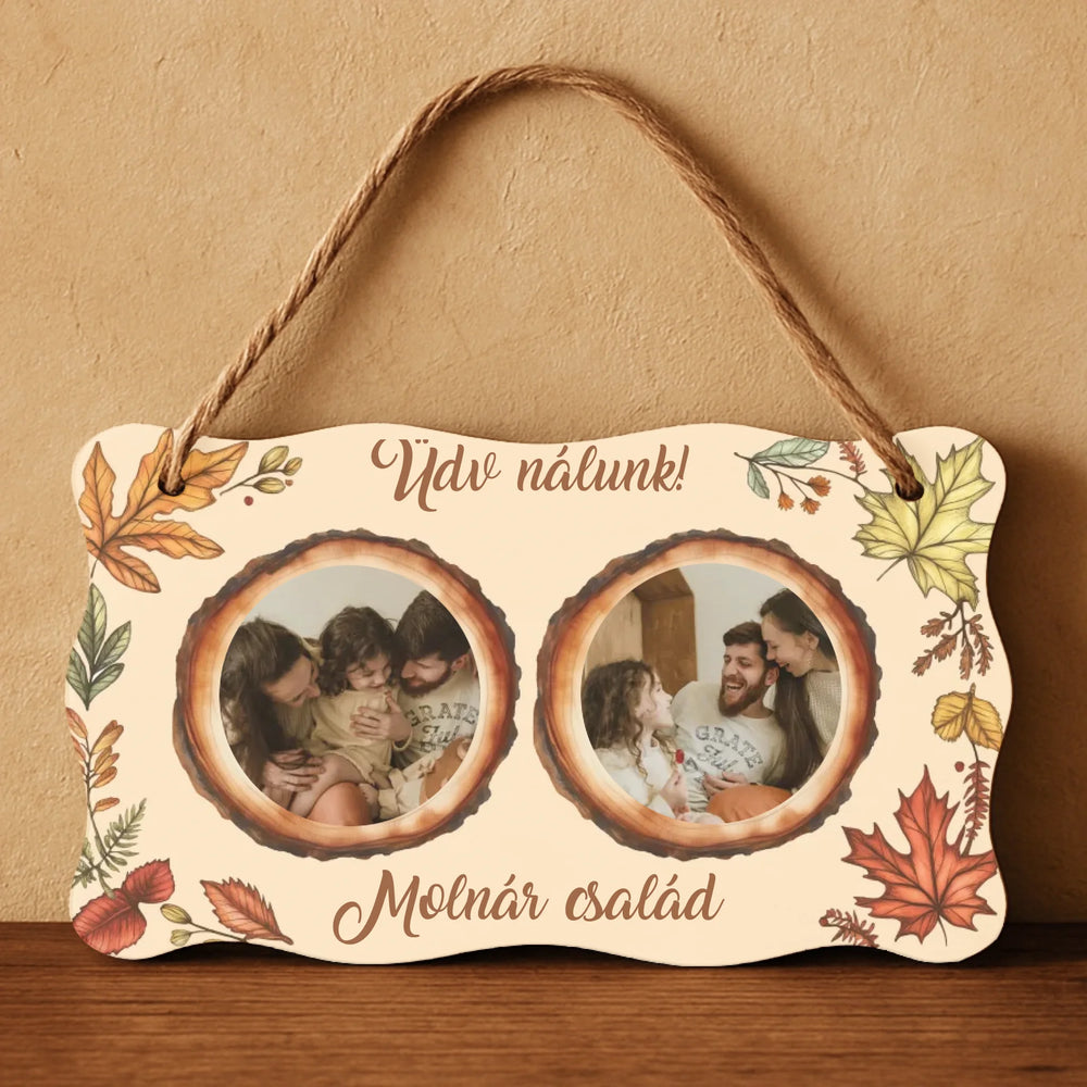 Őszi ajtódísz fatábla egyedi névvel és felirattal két képes