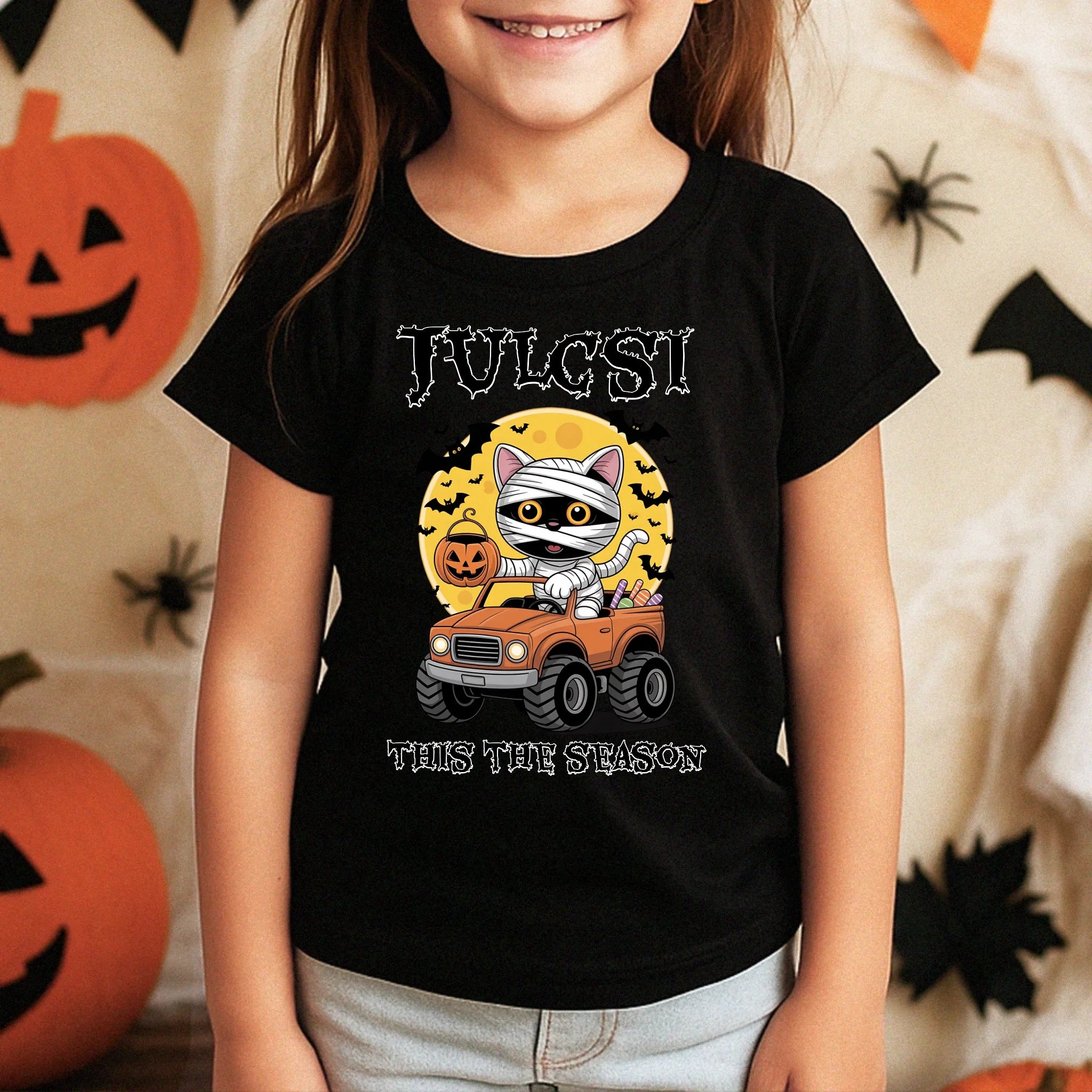 Halloweeni póló gyerekeknek egyedi névvel - This the season cicás póló lányoknak és fiúknak